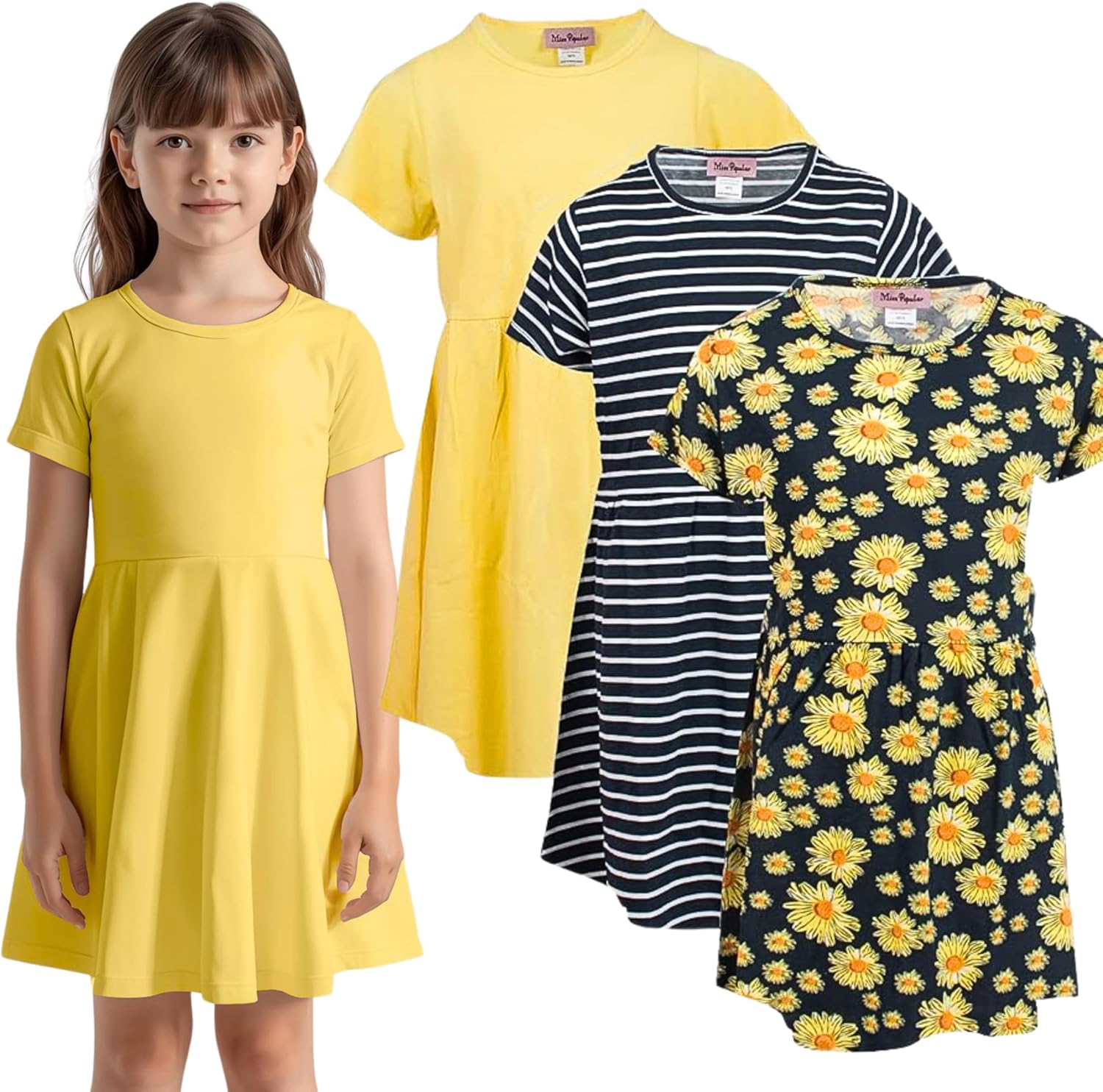 MISS POPULAR Girls 3 Pack Short Sleeve Skater Dress Soft Cotton Cute Designs Spring Summer | Sizes 4-16