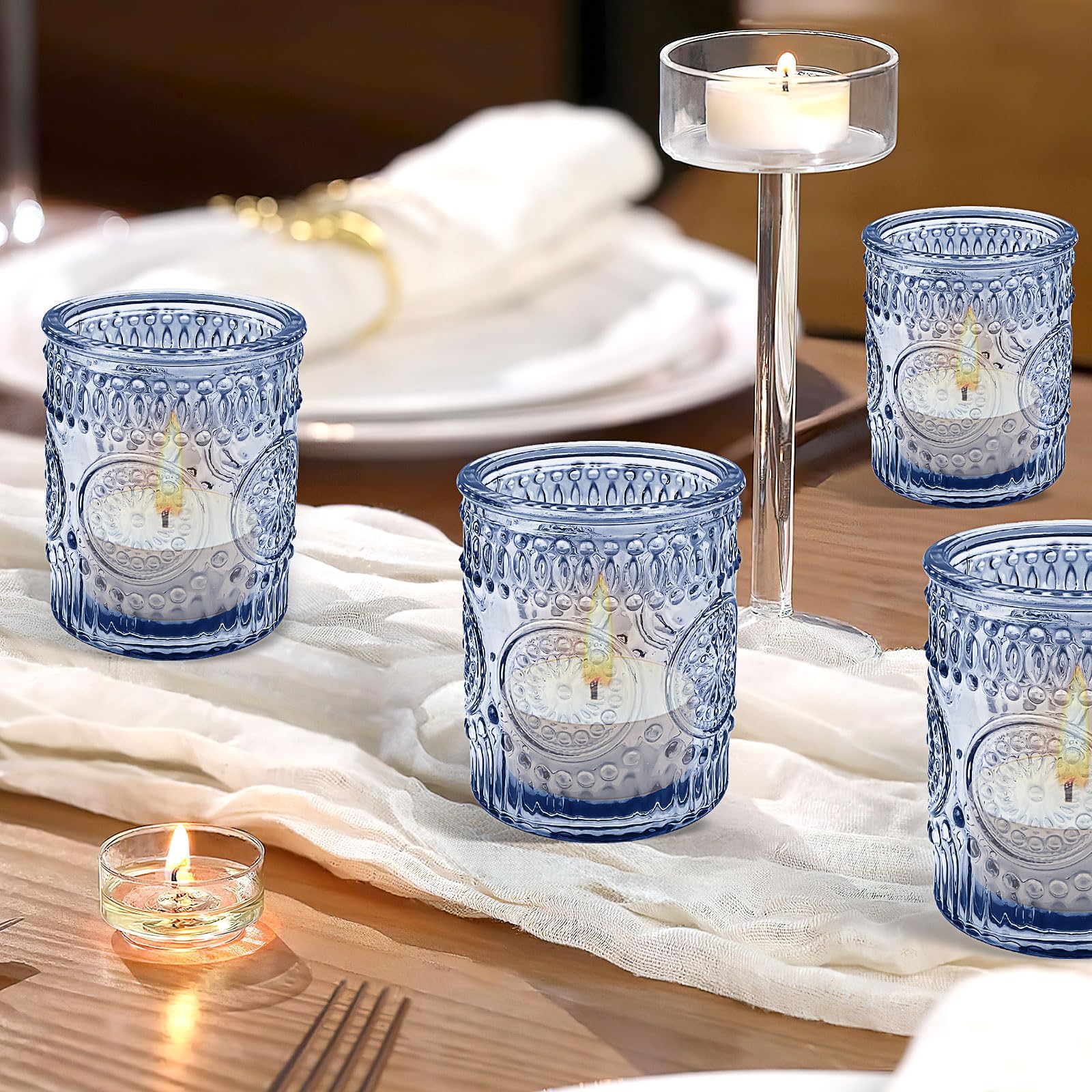 Lot de 24 bougeoirs en verre bleu vintage bohème pour Noël, fête prénuptiale, centre de table, salon, maison, fête