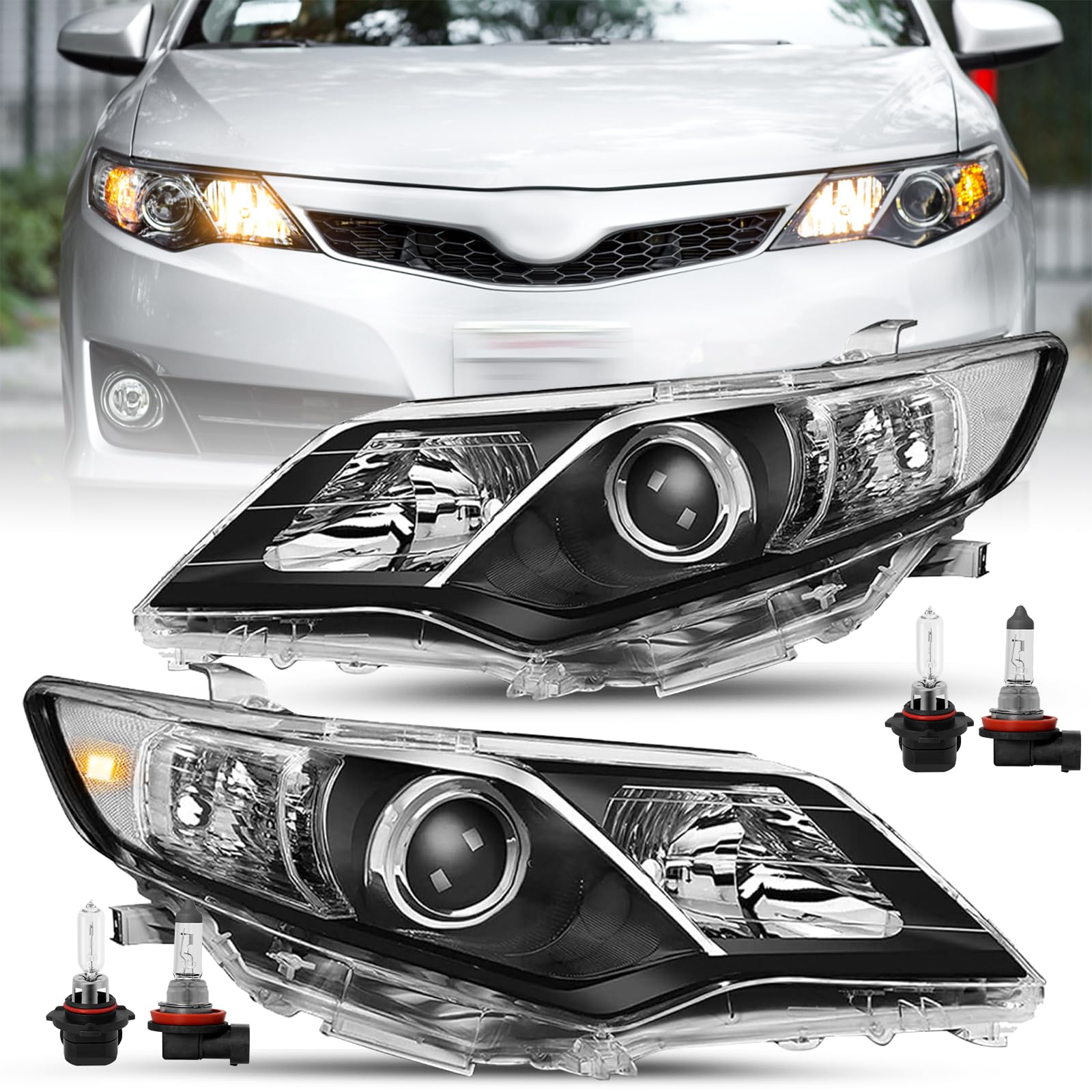 JSBOYAT Fit for 2012 2013 2014 Toyota Camry Headlight Assembly Replacement SE/L/LE/XLE/Hybrid Projector Driver Passenger Side(Black Housing with Clear Reflector) with bulbs