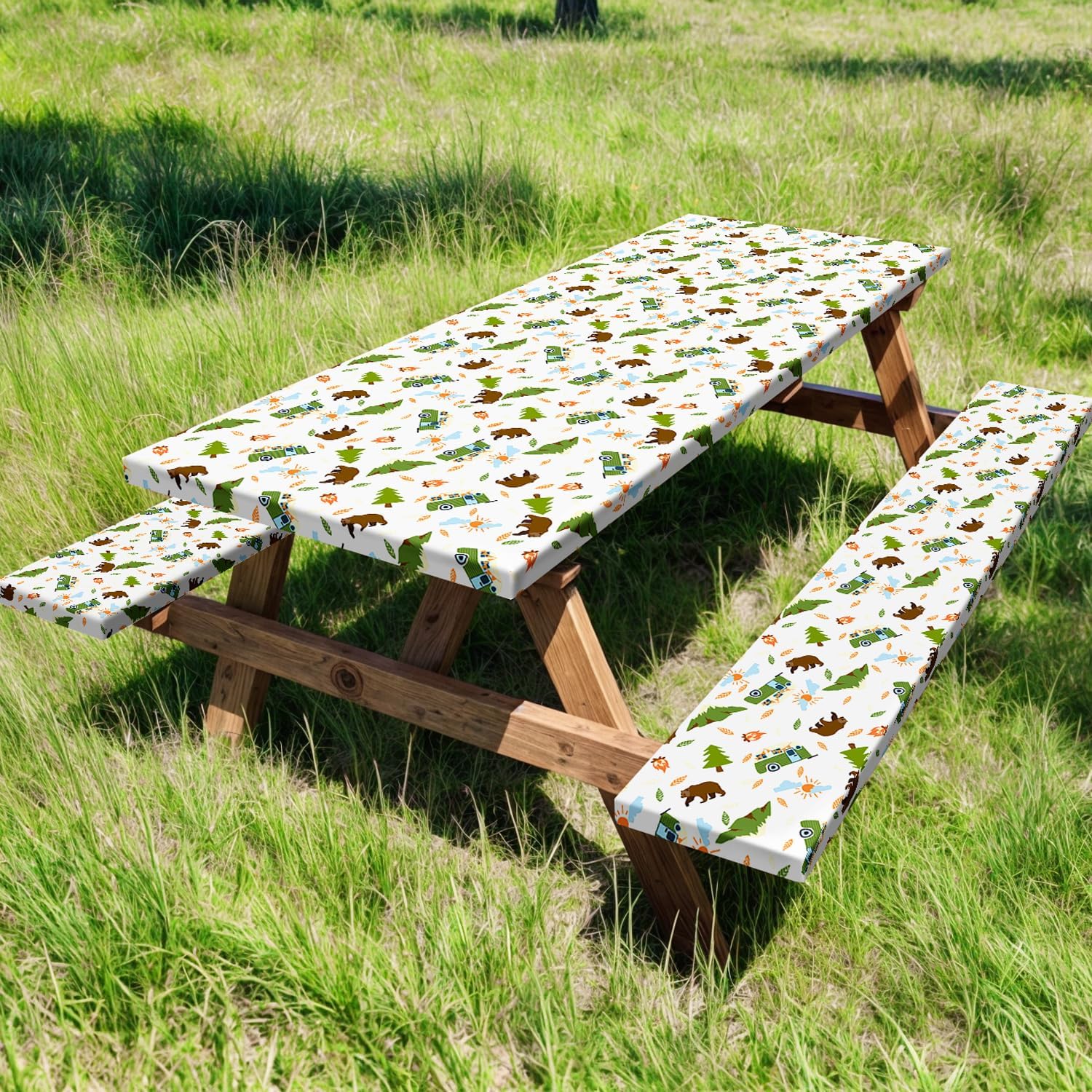 Wathon Picnic Table Cover with Bench Covers 8FT 3PCS, Fitted Camping Tablecloth Reusable Waterproof Oilproof with Elastic Edge for Indoor Outdoor Patio, Bear Camping RV Happy Camp 96inch