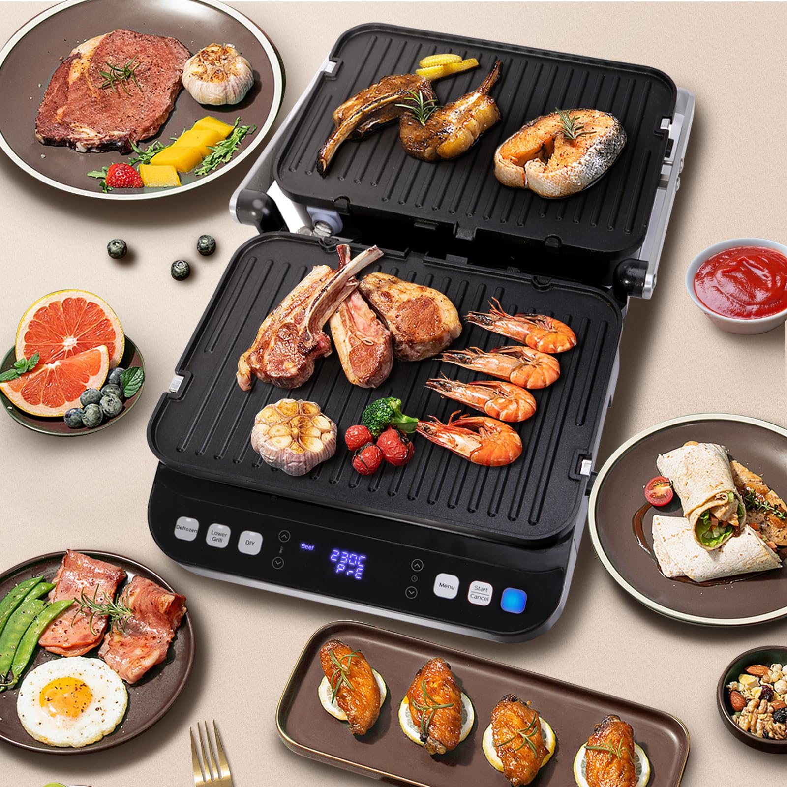 Taylor Swoden Parrilla Eléctrica 9 en 1 2000W, Sandwichera Grill con 3 Modos de Control de Temperatura Independiente, 6 Programas Automáticos y Apertura 180°, Placas Antiadherentes Desmontables