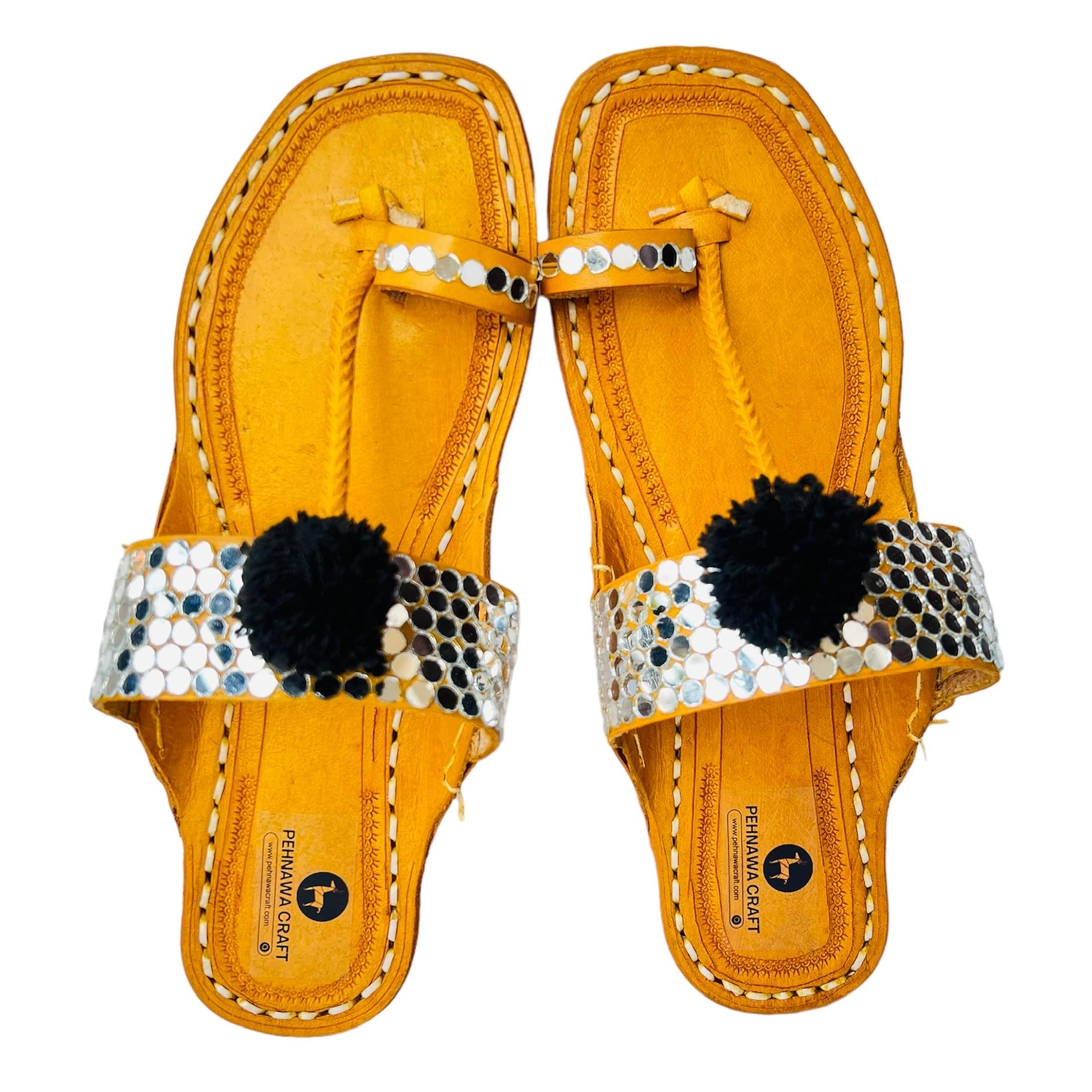 Mirror Pompom Original Kolhapuri ethnic flats for Women | Leather fancy kollapur chappal | Stylish ladies bridal sandal | Traditional kolapuri footwear | kohlapuri for girl-image-23