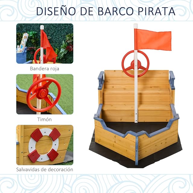 Foto 5 de 8 de Outsunny Arenero Infantil de Madera Diseño de Galeón 158x78x45,5cm Natural