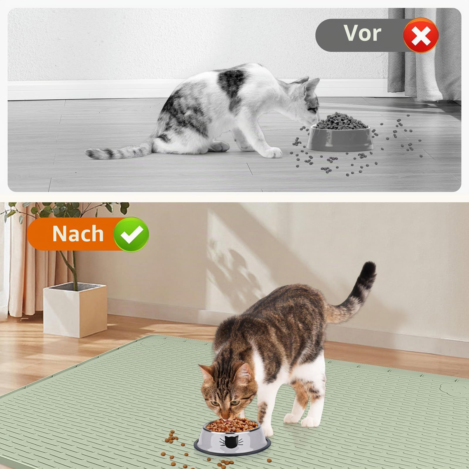 Extra große Silikon Katzenfuttermatte, 101x71cm Futtermatte für Haustiere mit erhöhtem Rand, Platzdeckchen für Futter- und Wassernäpfe, rutschfest, leicht zu reinigen (Grün)