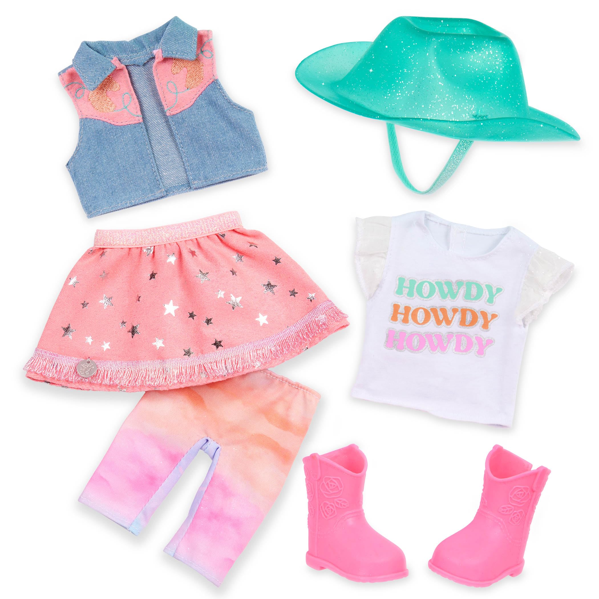 Glitter Girls - Howdy, Friends! - 14-Inch Doll Clothes - Horseback Riding Outfit for Dolls - Pink & Blue Vest - Hat, Skirt, Cowgirl Boots - Toy for Kids 3 Years +