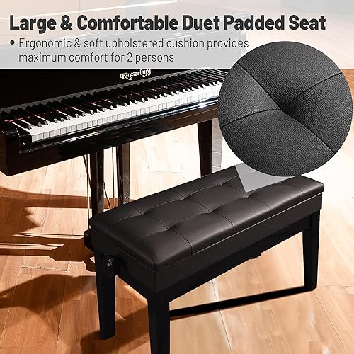 Miniatura 4 de AW Banco de piano de dúo ajustable de cuero sintético acolchado de madera para teclado de almacenamiento para libros de música, color negro