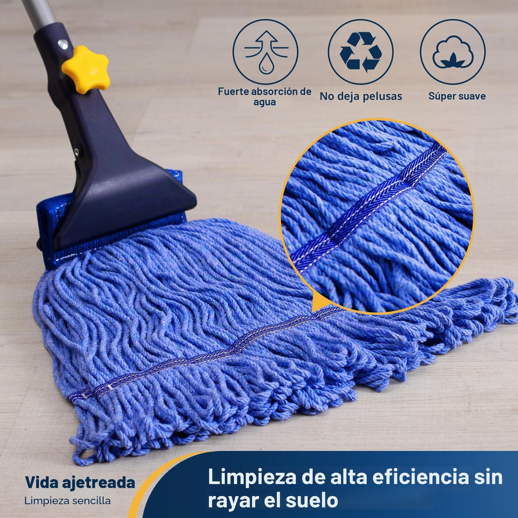 Yocada Fregona de algodón, Resistente, con Extremos en Bucle, para Limpieza húmeda de Suelos, de Grado Industrial, con Palo de Hierro y Abrazadera de mandíbula, 132 cm de Largo | Abrazadera telescópica de hierro de grado industrial comercial para limpieza