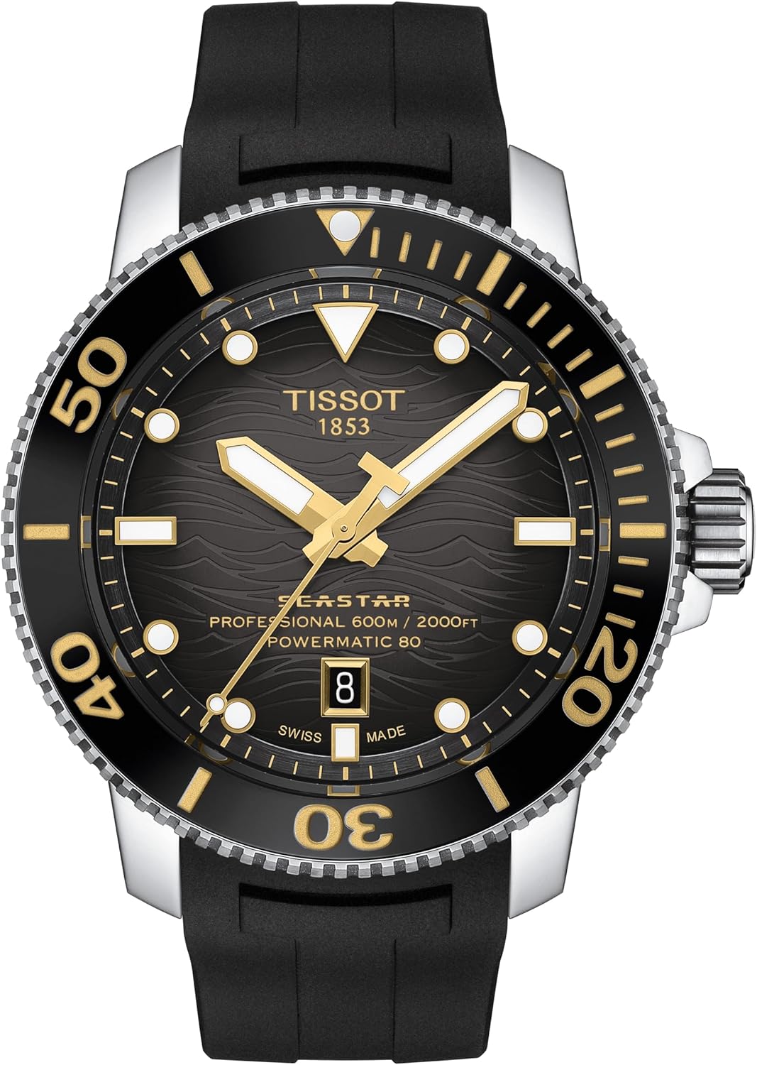 Tissot Mens Tissot Seastar 2000 Professional Powermatic 80 316L Stainless Steel case Automatic Watch, Black, Rubber, 22 (T1206071744101)