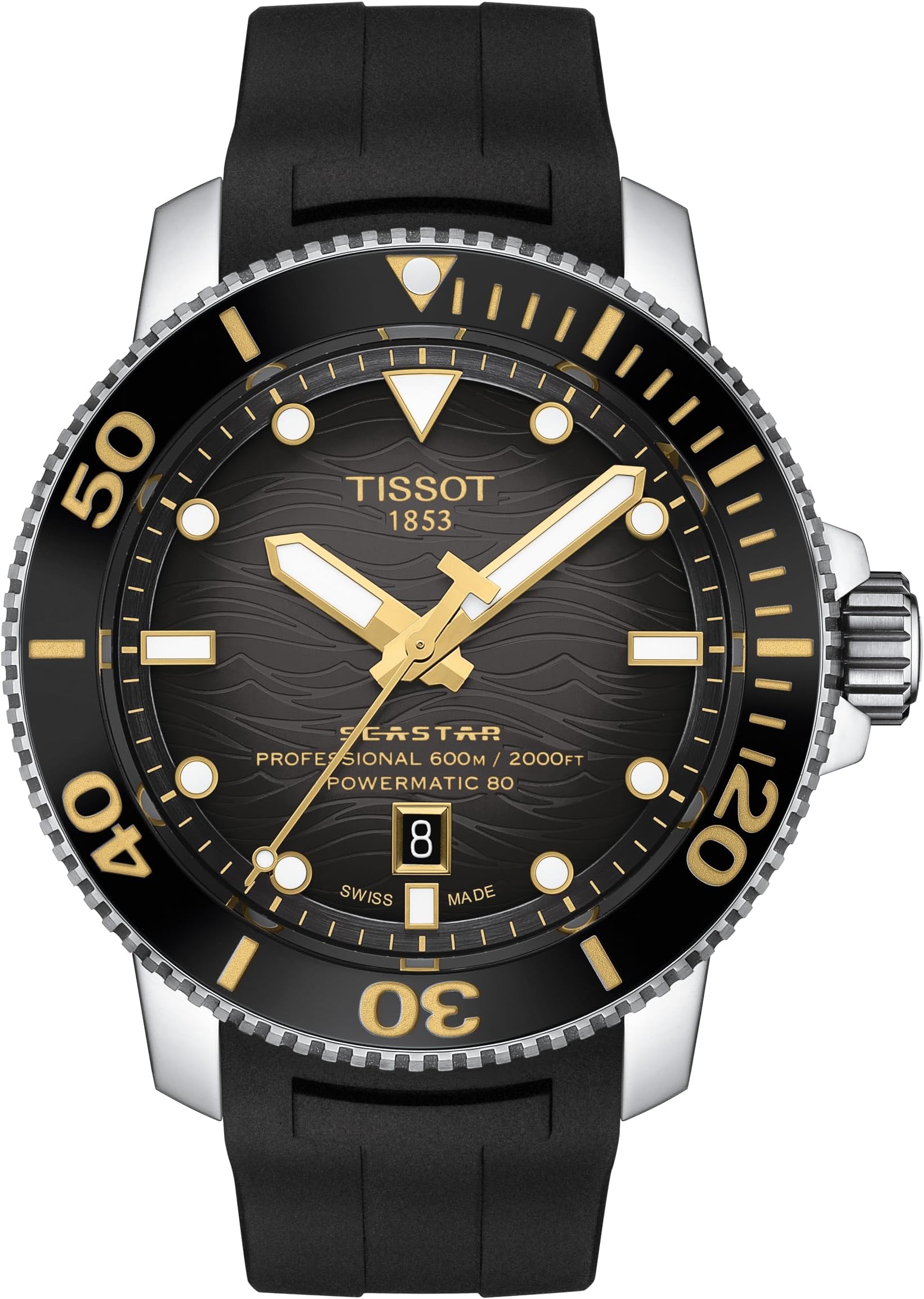 Mens Tissot Seastar 2000 Professional Powermatic 80 316L Stainless Steel case Automatic Watch, Black, Rubber, 22 (T1206071744101)