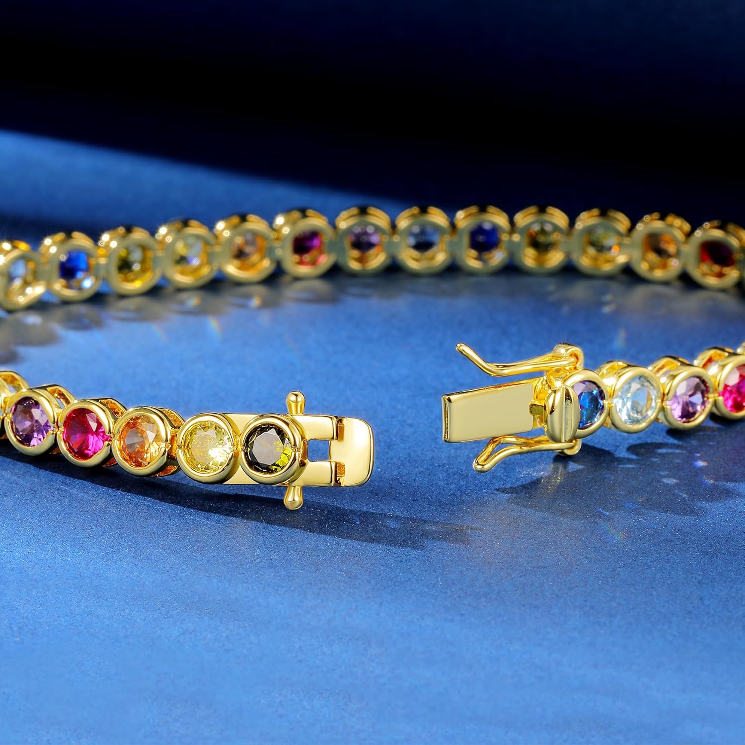 GEMSME 4.0mm Colorful Tennis Link Bracelet, 18K White/Yellow Gold Plated Bezel-Set 4mm Cubic Zirconia Rainbow Tennis Bracelet for Women - Image 4