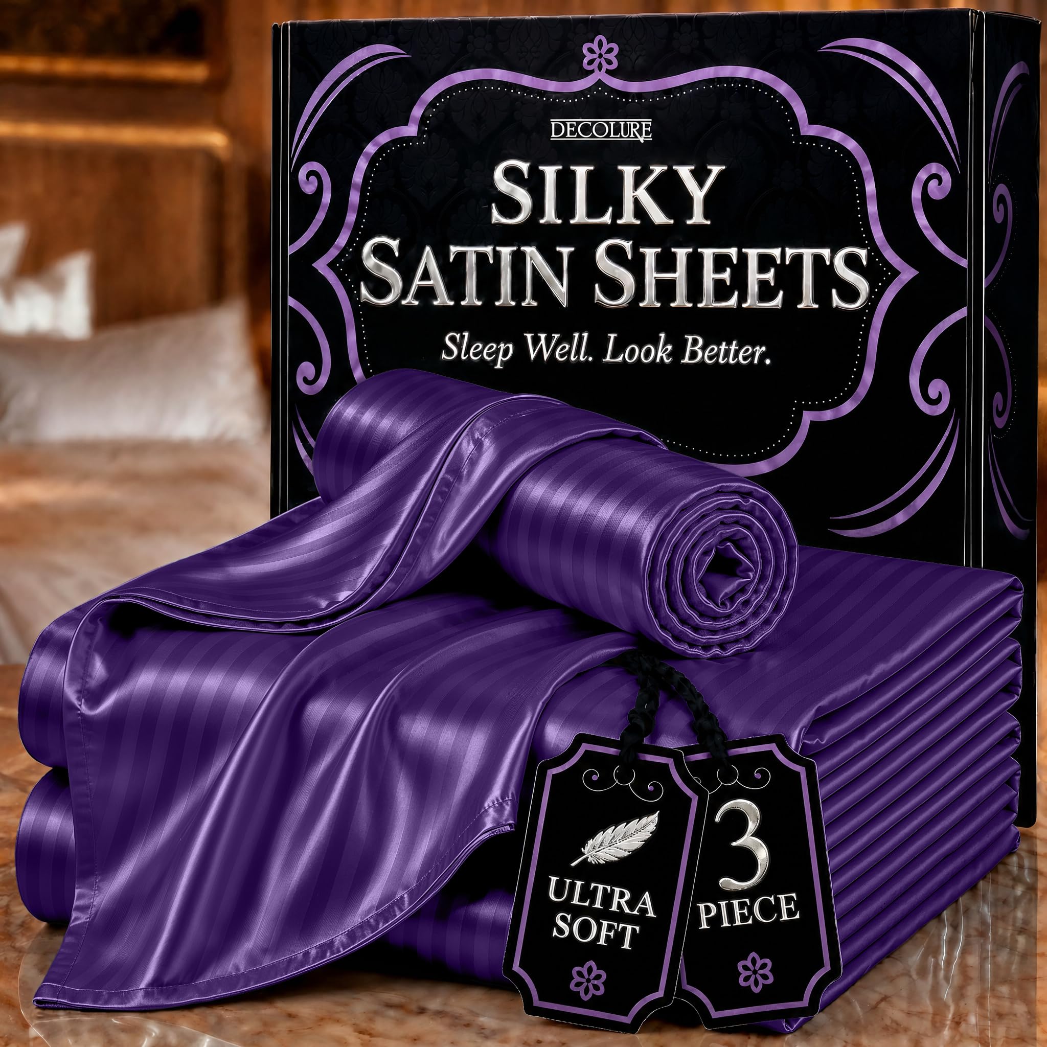 DECOLURE Satin Bed Sheets - 3 Piece Luxury Silky Twin Size Bedding Set - Softer Than Silk, Wrinkle-Free with 15โ Deep Pocket Fitted Sheet, Perfect for Hair & Skin, Gifts for Women (Striped Purple) โ image 1