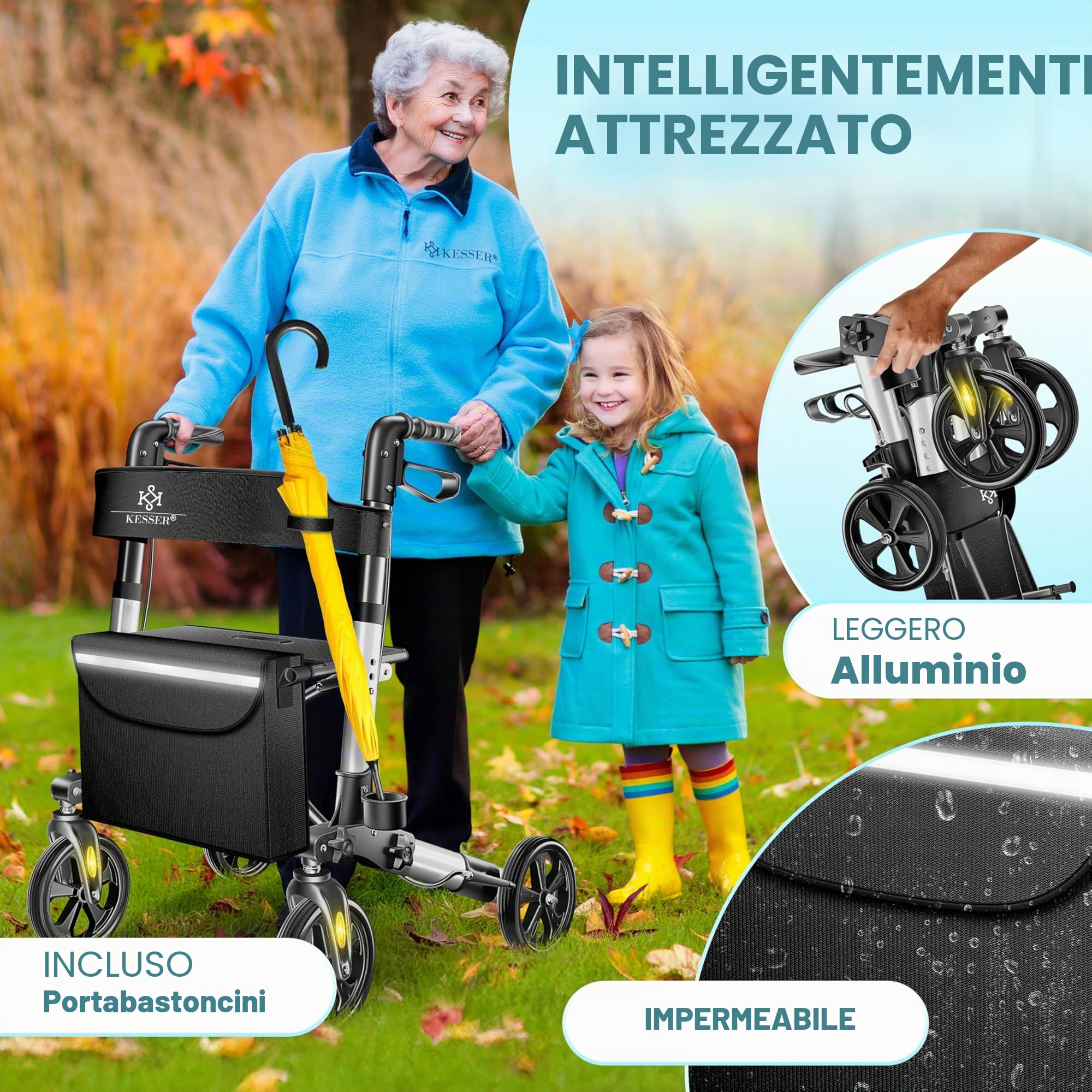 KESSER Leggero deambulatore pieghevole Girello ultraleggero con 4 ruote Premium in alluminio Rollator Set Peso massimo sopportato: 136 Kg