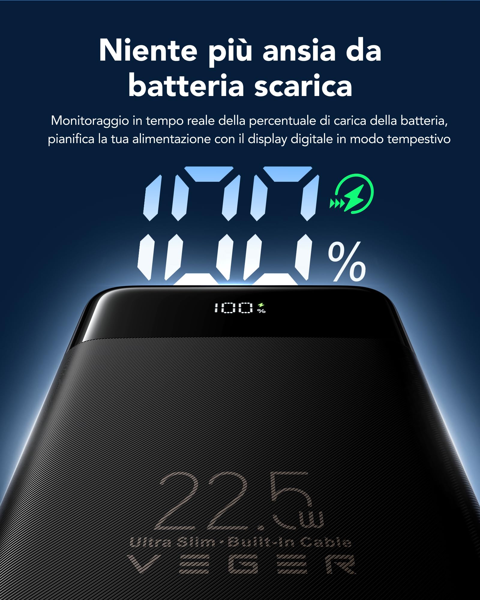 VEGER 10000mAh Power Bank 22.5W Ricarica Rapida USB C LED Display 4 Uscite 3 Ingressi Compatibile iPhone Huawei Xiaomi