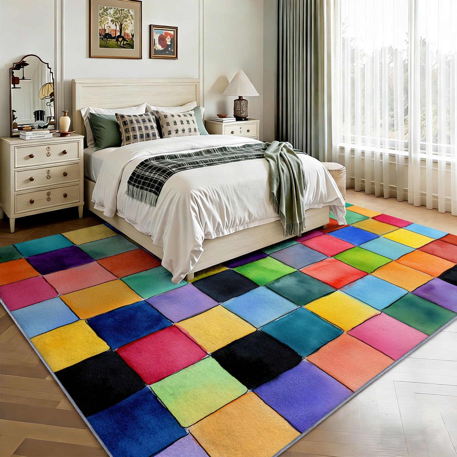 Dywan do salonu 120 x 170 cm kolorowe klocki geometryczne, obraz akwarelowy miękki i antypoślizgowy dywan do sypialni - wewnętrzny dywan z krótkim włosiem do salonu pokój dziecięcy biuro