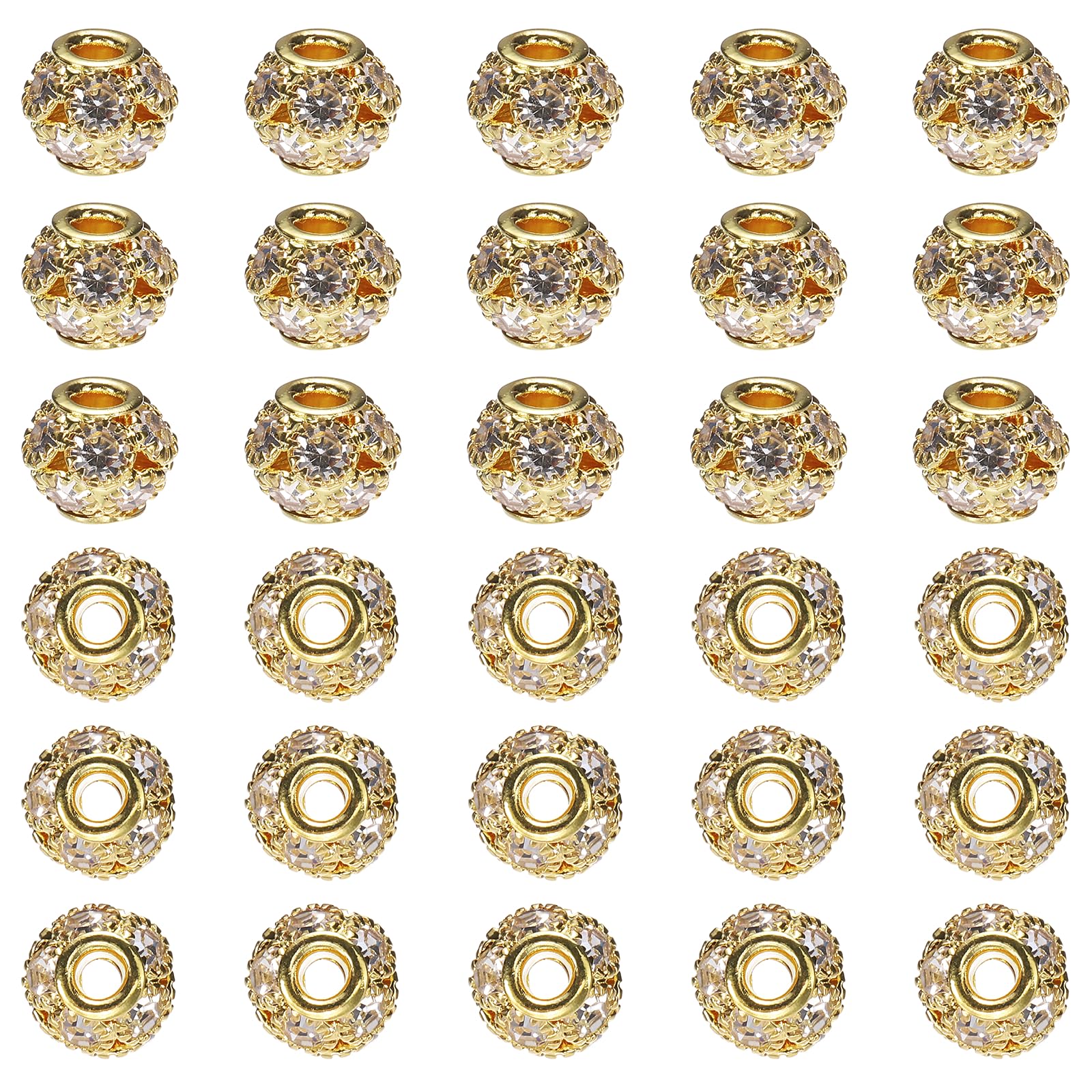 sourcing map 30Pcs Rhinestone Rondelle Spacer Beads, 8mm European Crystal Charm Craft Bead for Bracelet Making Necklace DIY Craft, Gold