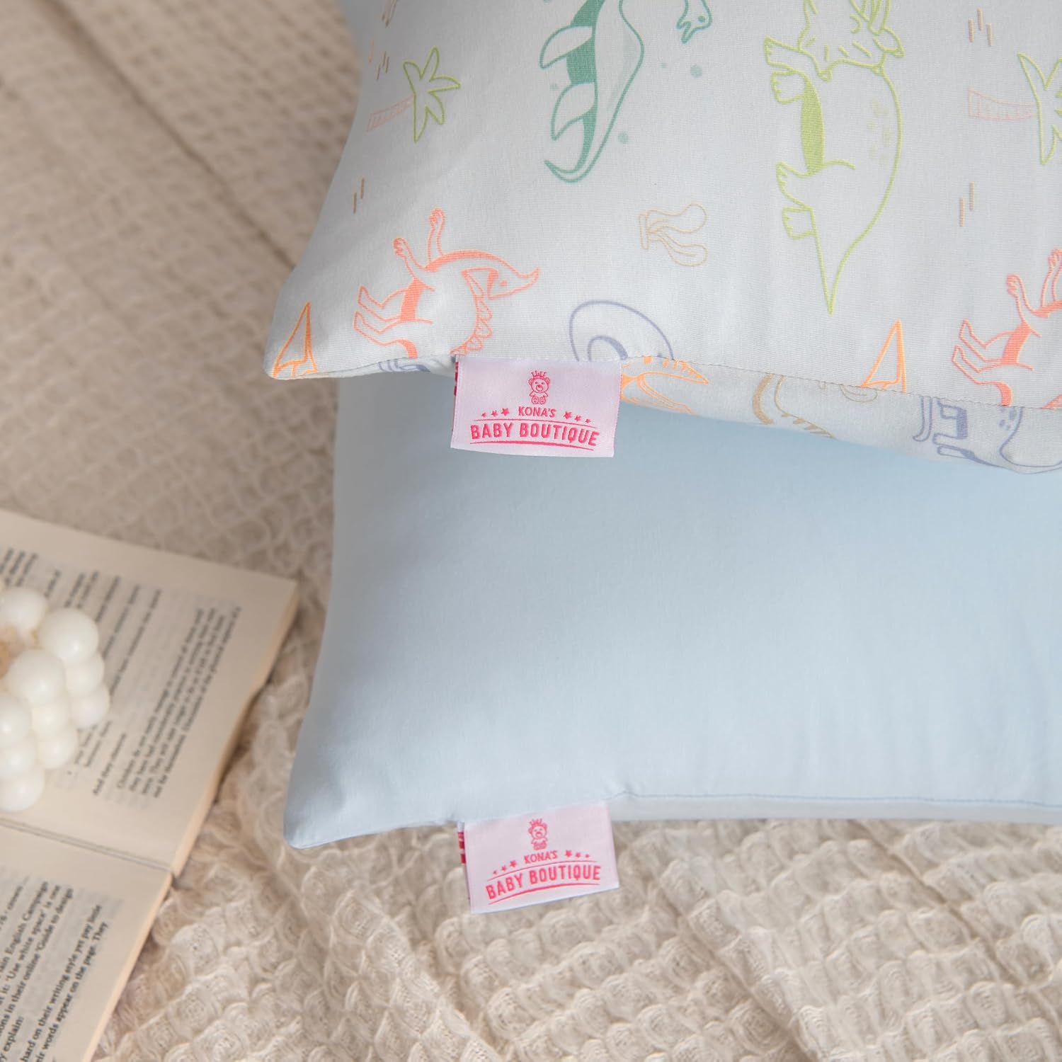 Soft Toddler Pillowcases 2 Pack, 95% Bamboo derived from Viscose, Envelope Style Pillow Case, 13x9 Inch, Toddler Kids Pillow Cases, Replacement Pillow Cases (Dino/Solid Blue)