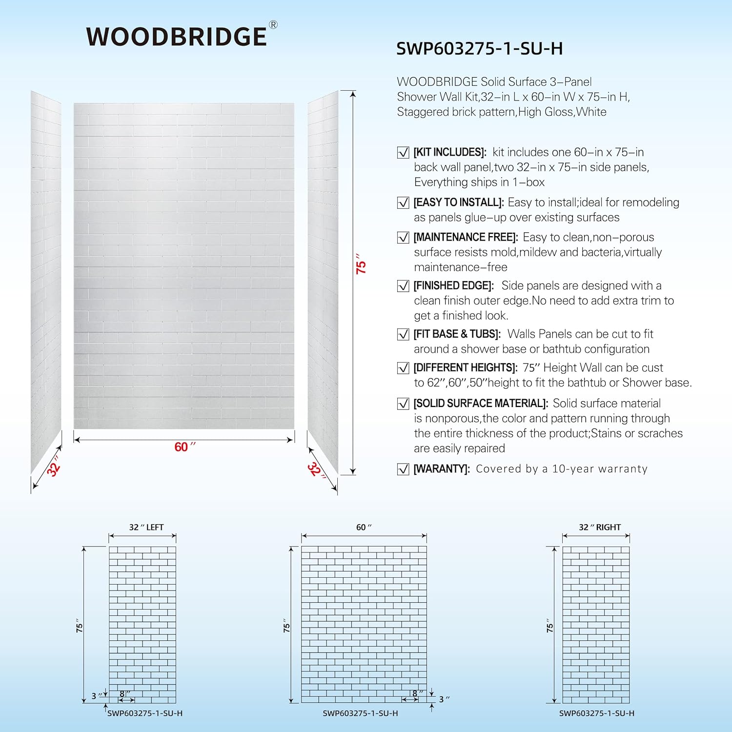 WOODBRIDGE Solid Surface 60" W x 32"D x 75"H Shower Wall Panel Surround kit in High Gloss White, 0.138" (3.5mm) Thick, Staggered Brick Pattern, Trimmable, Quick Install