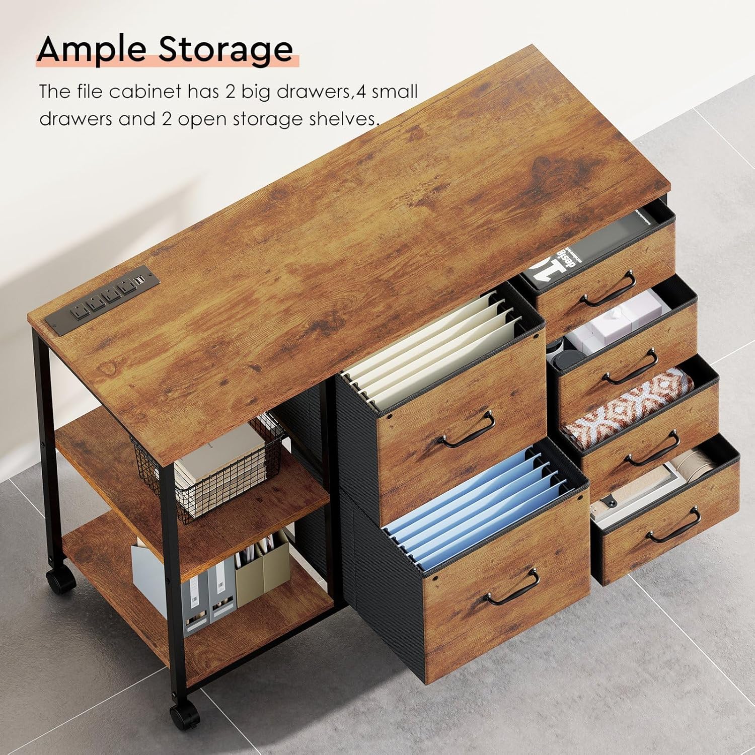 6 Drawer File Cabinet with Charging Station Rolling Printer Stand with Open Storage Shelf Fabric Lateral Filing Cabinet for Home Office,Rustic Brown2 image 7 of 7 B0DPP68VG3