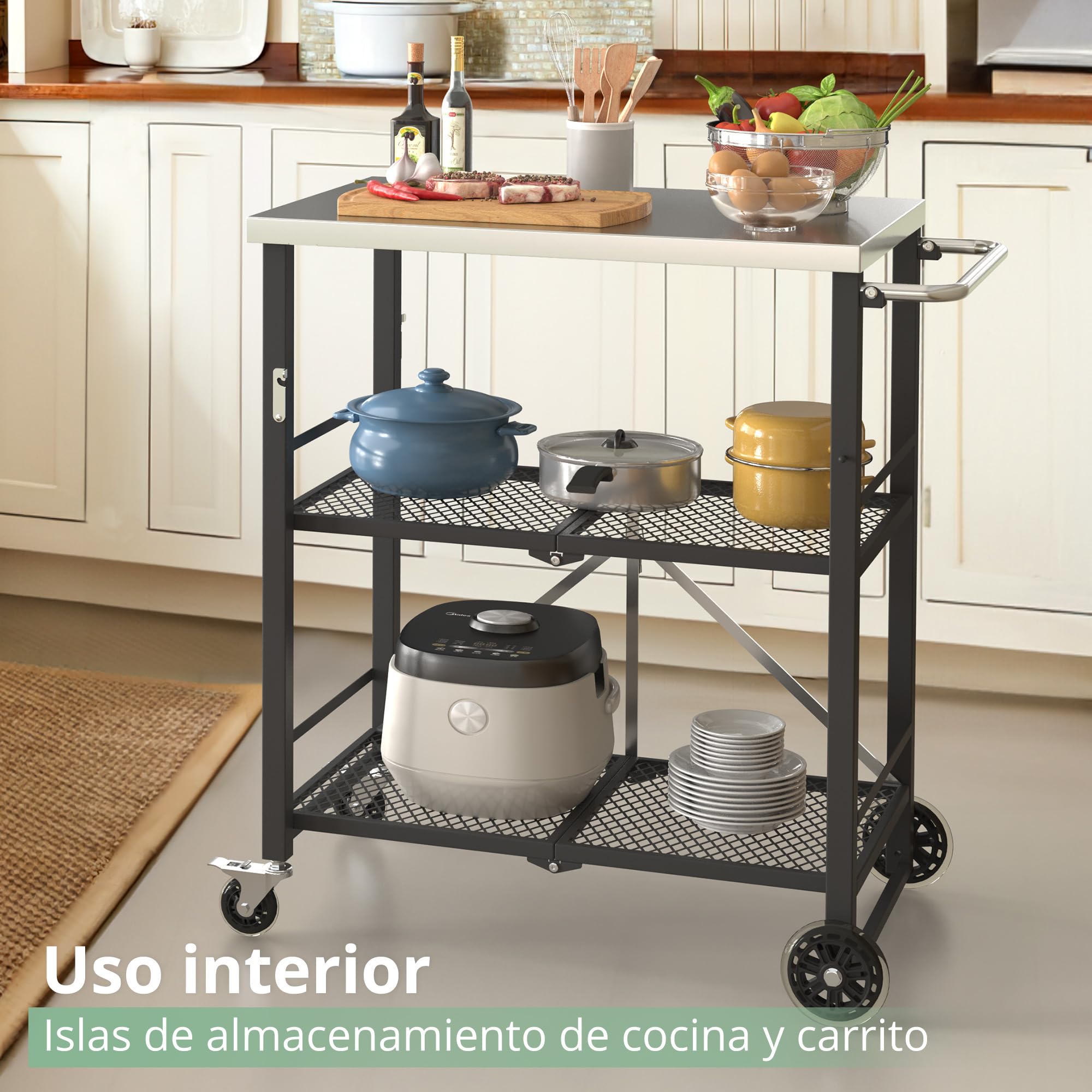 LUE BONA Mesa de Barbacoa con 2 Niveles,Carro de Barbacoa con 4 Ruedas Cerradas,Postre Exterior para Barbacoa con Ganchos y Estante,Carrito de Comedor para Cocinas,Barbacoas,Fiestas,47x70x86 cm,Negro