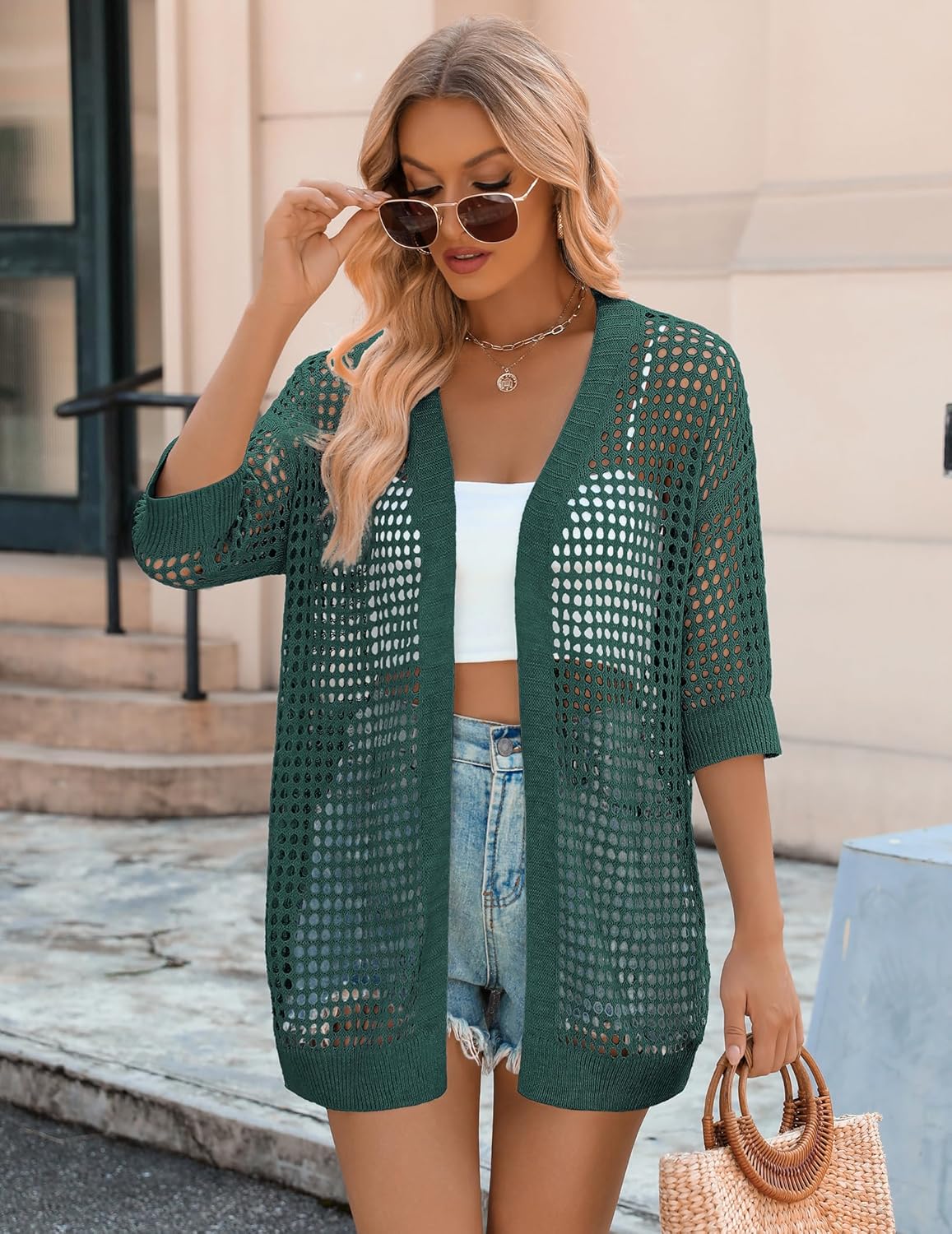 Zeagoo Women's 2026 Summer Crochet Lightweight Cardigan Short Sleeve Boho Kimono Oversized Open Front Sweater Tops - Image 4