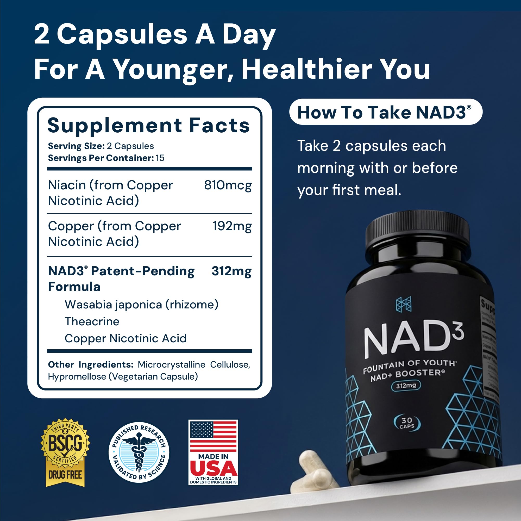 HPN NAD3 NAD+ Booster for Cellular Energy, 312 mg, 30 Veggie Capsules — Amazon image 2