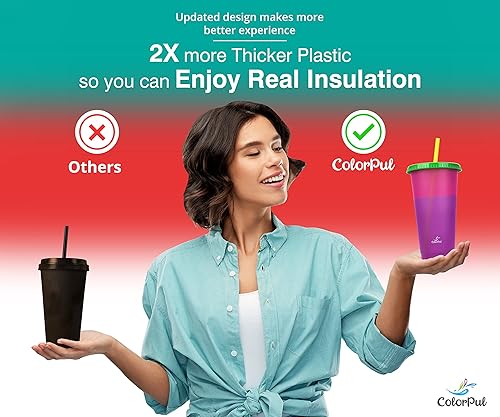 Miniatura 2 de Vasos para niños con pajitas y tapas, 9 paquetes de 16 onzas, taza que cambia de color, taza de plástico aislada gruesa y reutilizable con tapas y