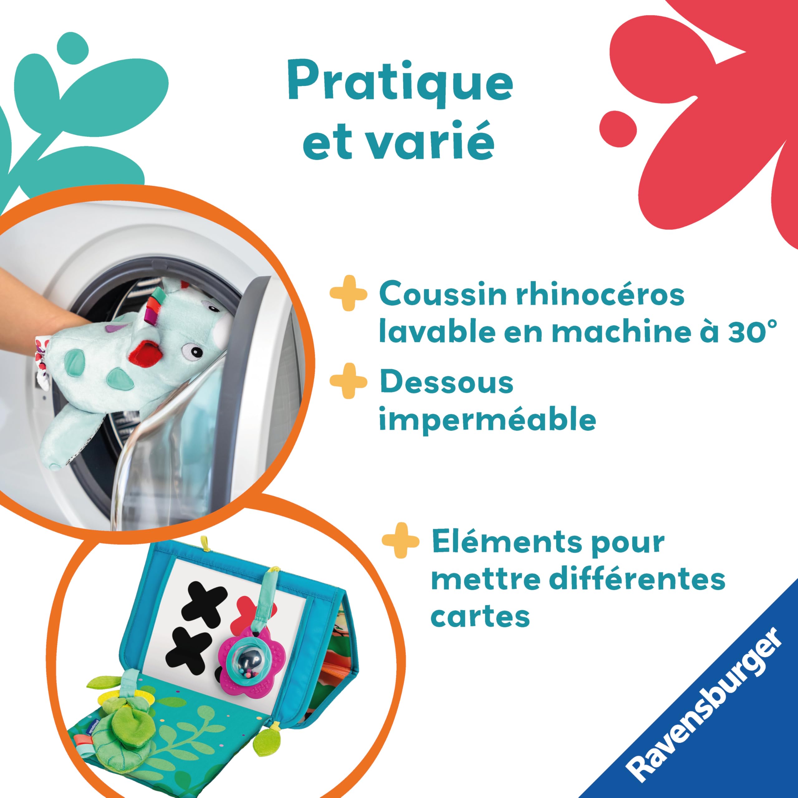 Ravensburger Play+, cuscino sportivo 3 in 1 a forma di Rhinoceros, ideale per allenare bambini da 0 a 6 mesi, giocattolo per imparare la prima infanzia e peluche per attività legate al parto, 34010
