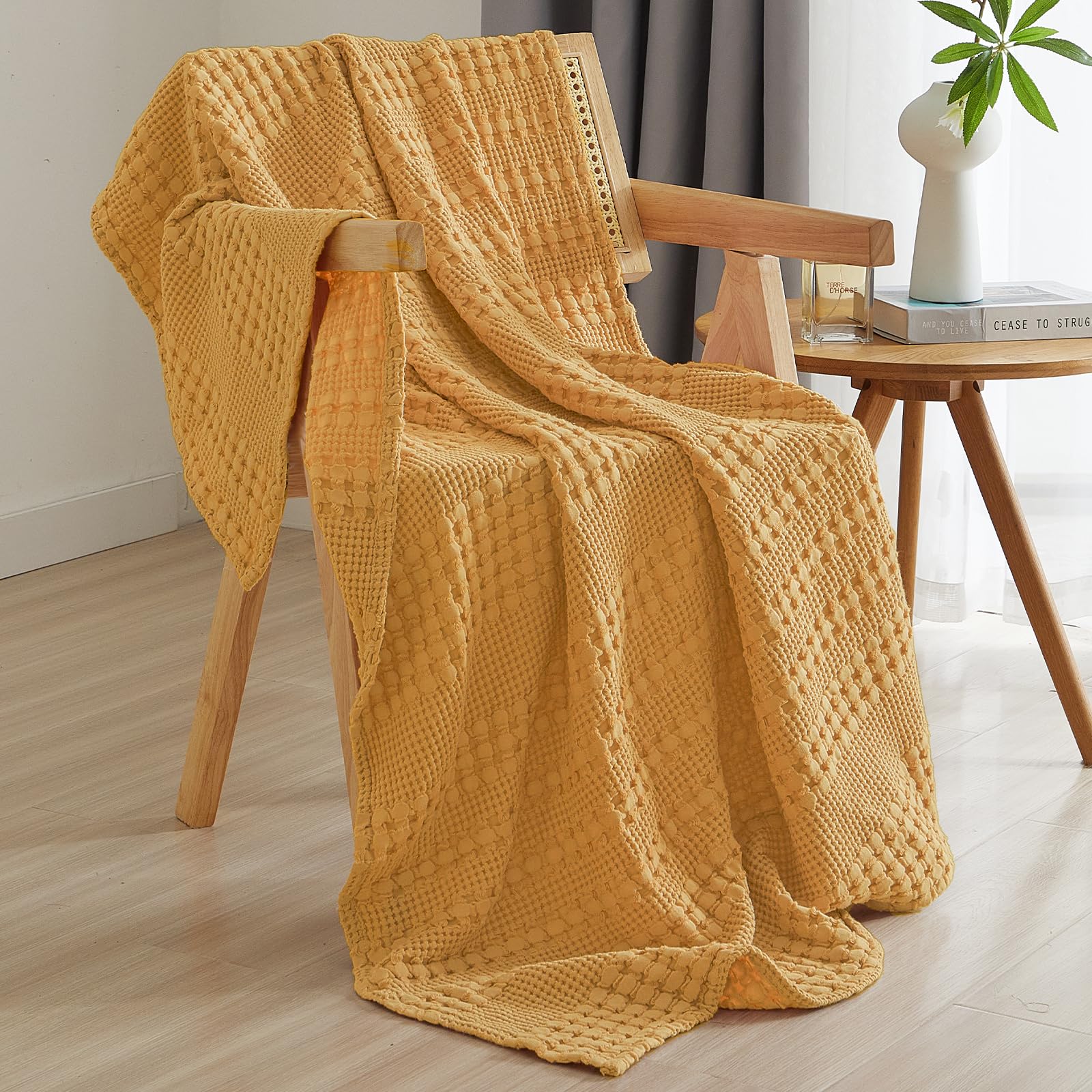 phf 100% cotton waffle weave throw blanket, soft lightweight breathable cozy throws for couch bed sofa, luxury aesthetic blanket gift for home decor & office, 50"x60", pumpkin orange