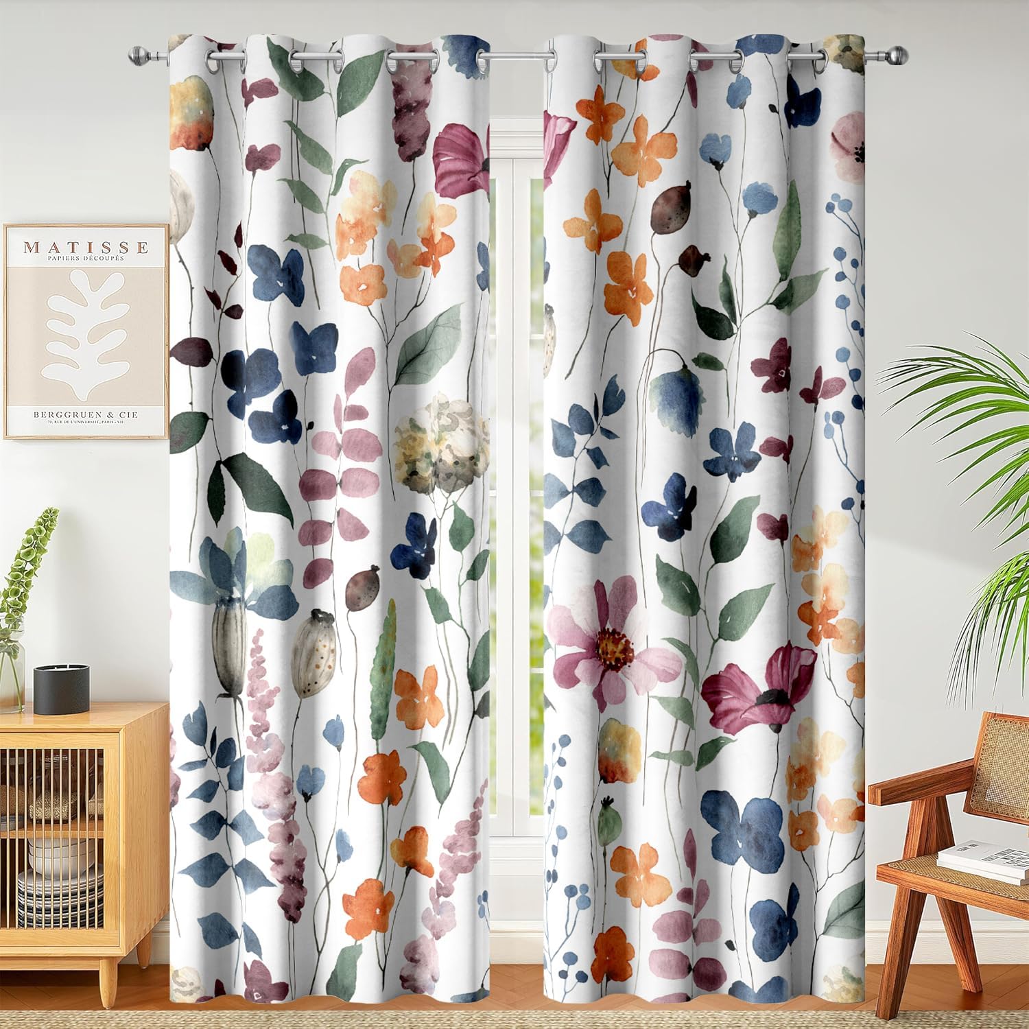 Boho Vintage Floral Blackout Curtains, Retro Watercolour Colorful Plant Leaf Flower Design Window Drapes, Living Room Bedroom Decor 2 Panels 52x84 Inch