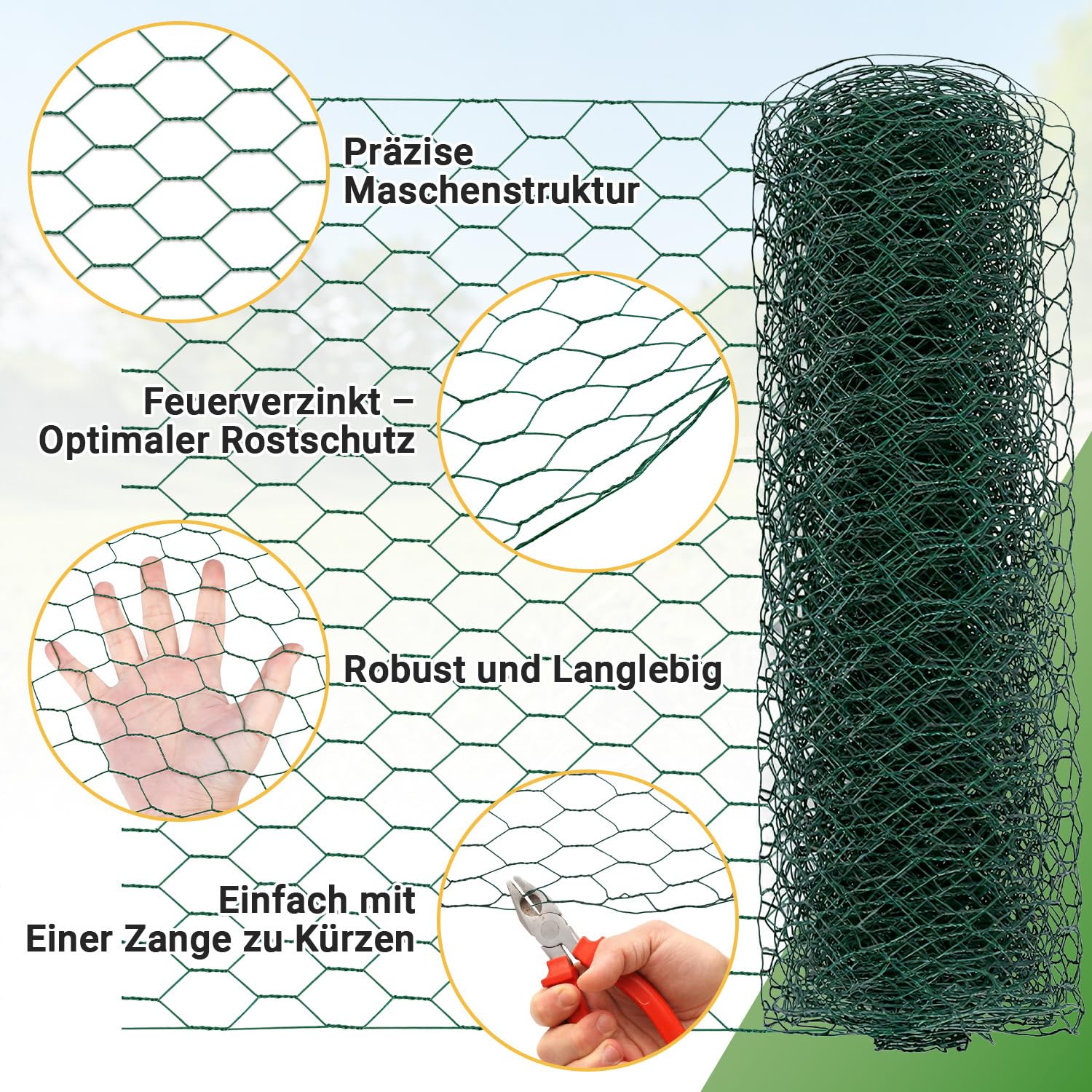 Daromigo Valla de malla hexagonal galvanizada de 27 mm – Alambre para conejos, valla para pollos para jardín y animales, incluye guantes, resistente, malla fina, longitud 35 m, altura 100 cm, color