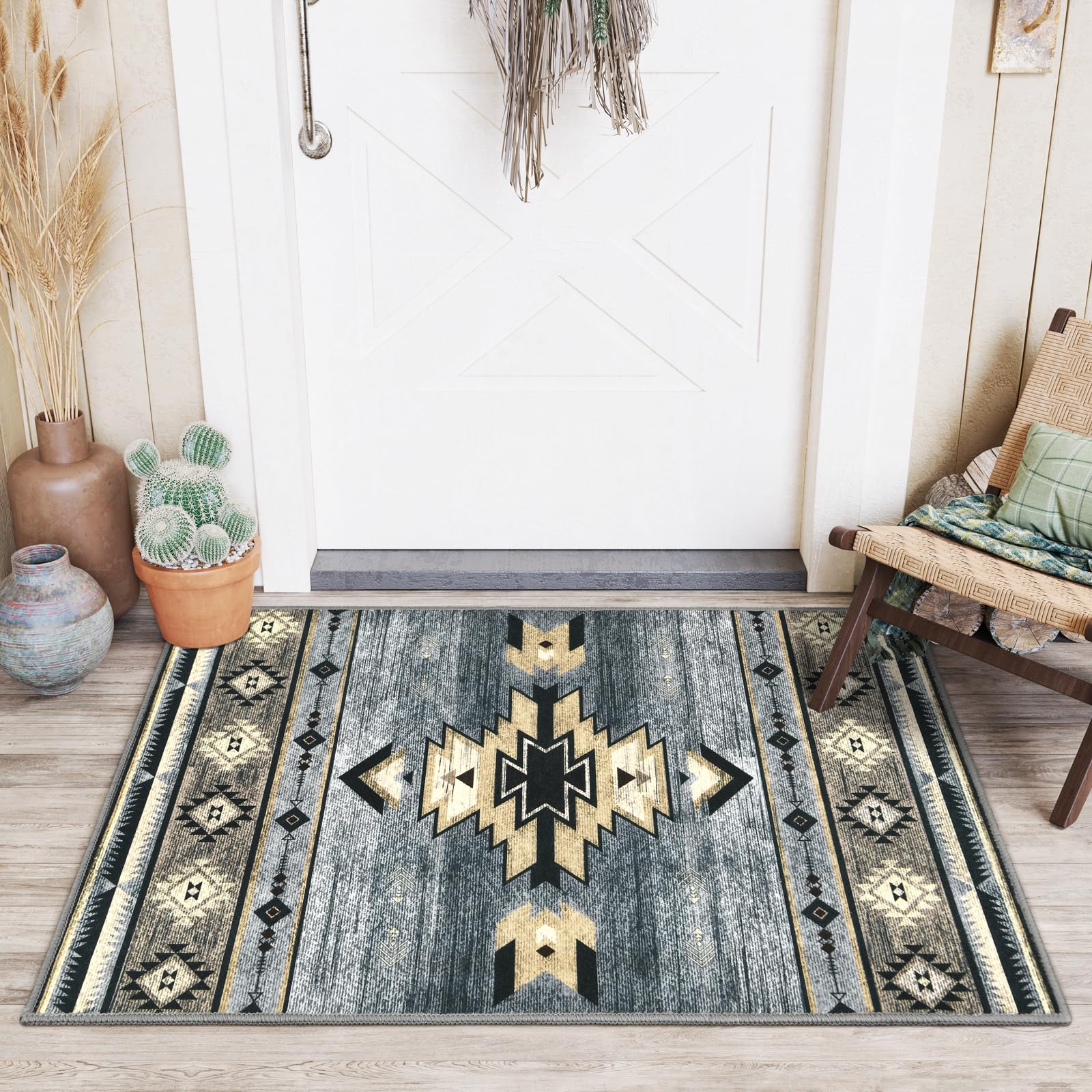 B BENRON Western Entryway Rug 2x3, Non-Slip Small Area Rugs for Kitchen Entry Hallway Porch Front Door, Washable Throw Rugs with Rubber Backing, Grey