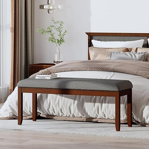 Miniatura 8 de GORELAX Asiento de banco de comedor, banco de zapatos con cojín de tela de lino, banco de piano con almohadilla antideslizante y pata de madera de