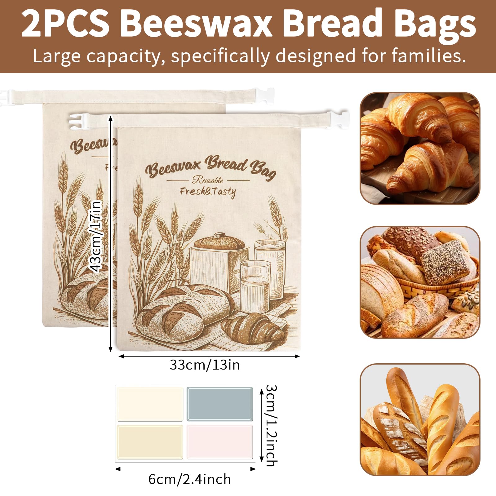Sacs à Pain en Cire d'Abeille Lot de 2 Réutilisables en Lin et Sans BPA avec Doublure TPU 43 x 33 cm