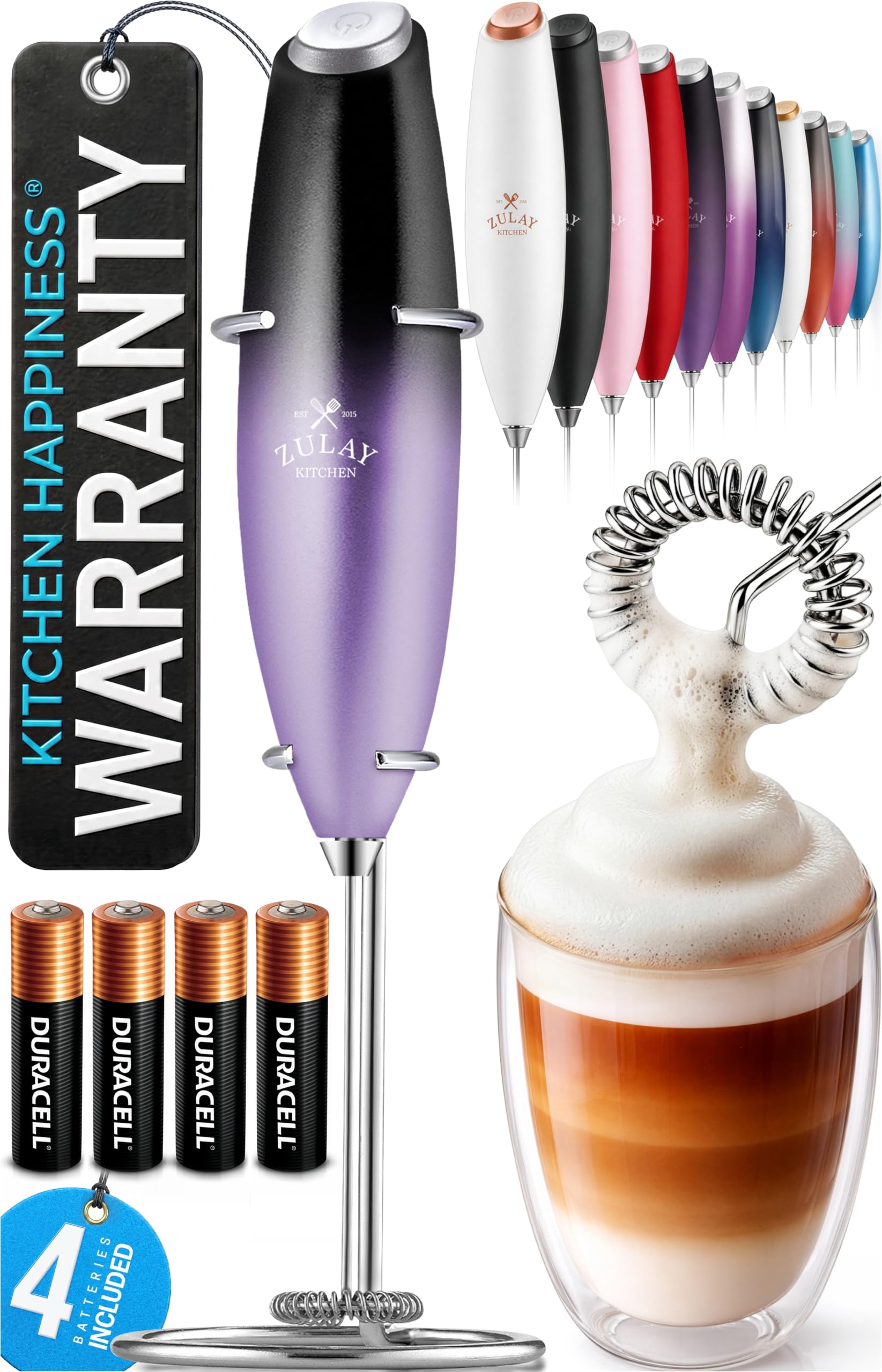 Zulay Kitchen Powerful Milk Frother Wand With Duracell Batteries - Ultra Fast Handheld Drink Mixer - Electric Whisk Foam Maker for Coffee, Lattes, Cappuccino &amp; Matcha - Z1 Motor - Galaxy