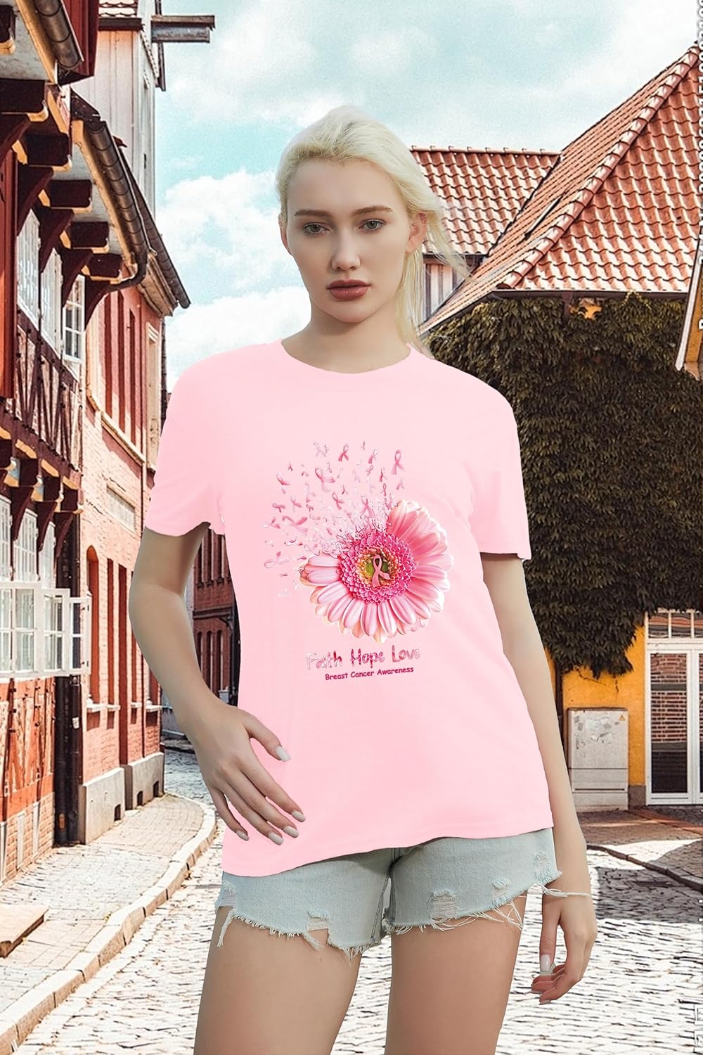 Breast Cancer Shirts for Women Sunflower Pink Ribbons T-Shirt Breast Cancer Awareness Tee Tops - Image 2