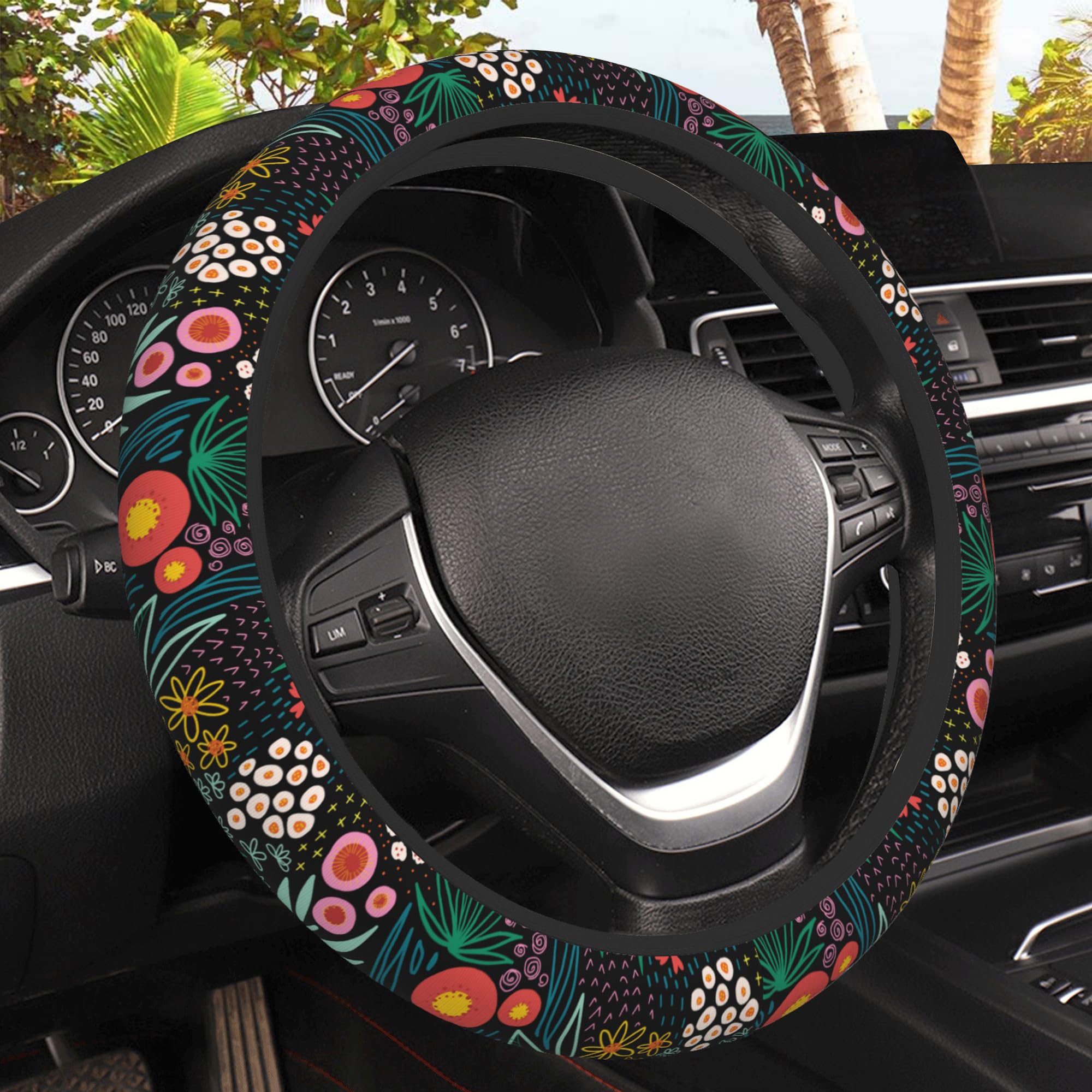 Summer Flower Meadow Steering Wheel Covers Universal 15 Inch Car Wheel Cover,Anti-Slip Breathable Car Accessories Protector Fit for Trucks,Sedans,SUVs,Vans