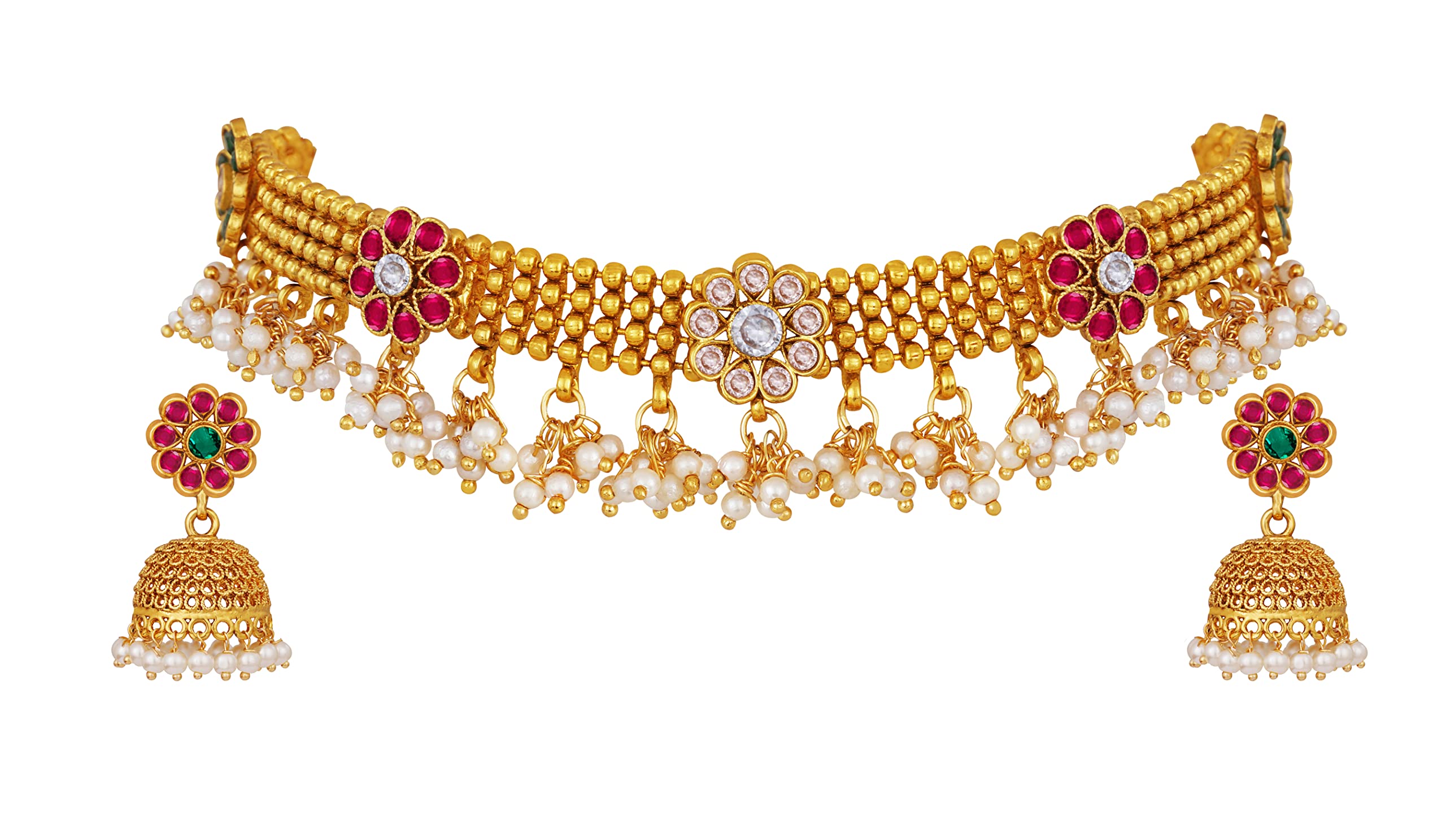 JFL - Jewellery for Less Traditional Royal Real Gold Look studded Pink, Green & LCD Stone Choker Neckace Set with Leheriay Pearl Danglers and Jhumki/Jhumka For Women (B0BNBXZM6M) Amazon Price History, Amazon Price Tracker