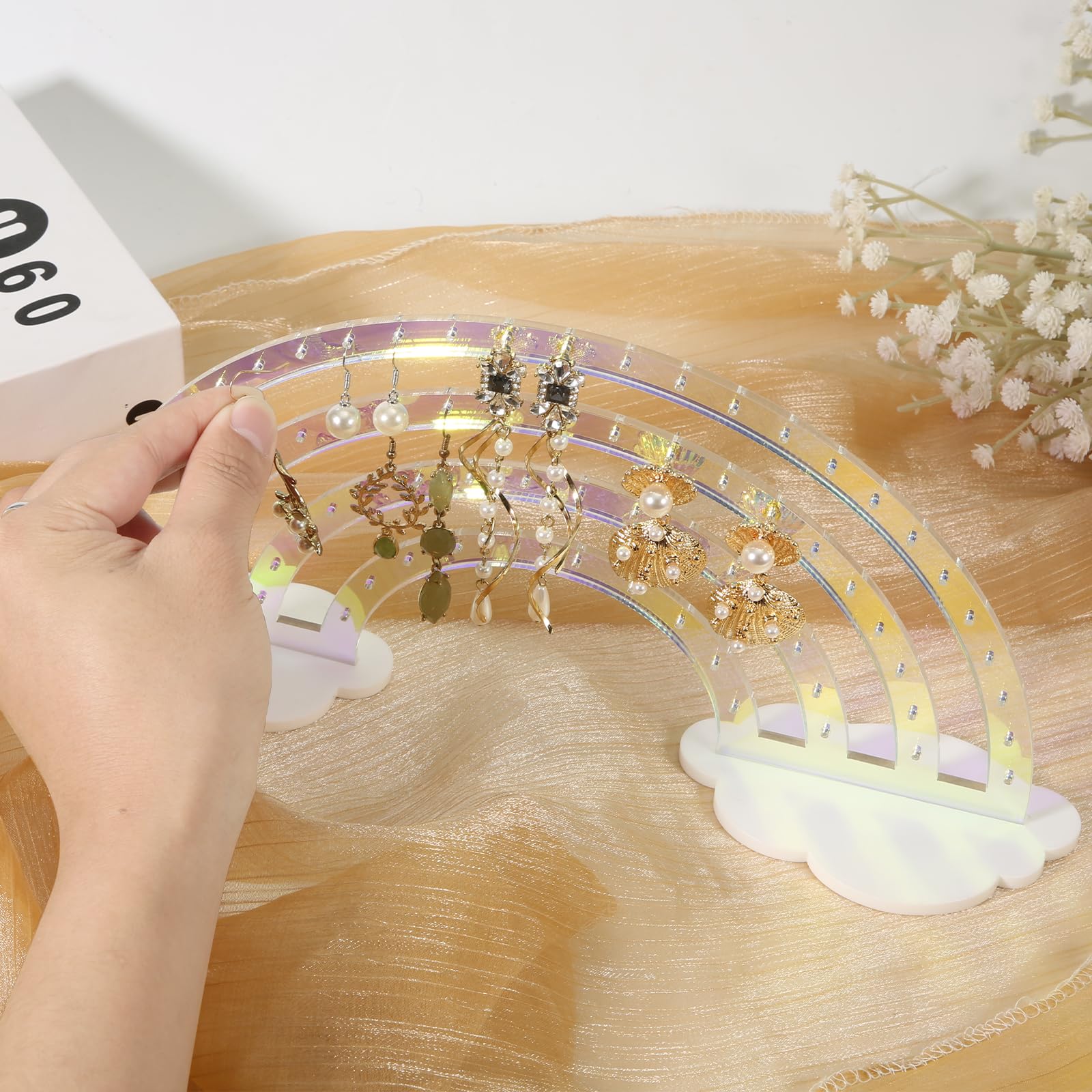 NiHome Portaorecchini Iridescenti, 74 Fori, Colore Arcobaleno, Per Esibizioni Di Gioielli, Organizer Per Ragazze E Donne, In Plastica Acrilica Trasparente