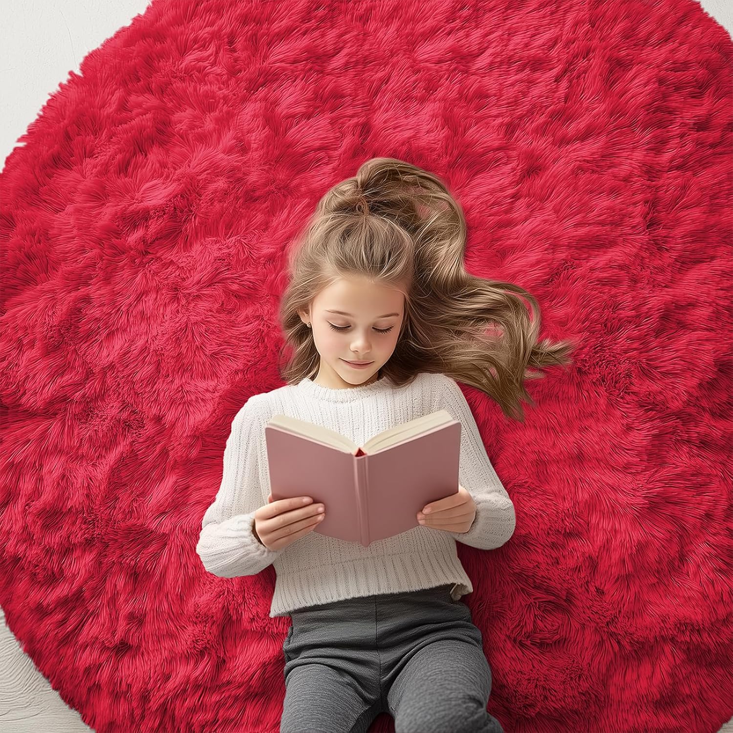 OLANLY Red Round Rugs for Bedroom - Machine Washable, 5 ft Circle Area Rugs for Living Room, Soft and Fluffy Shaggy Carpet for Teen Girls and Boys, Nursery Rooms, Dorms, Home Decor Aesthetic
