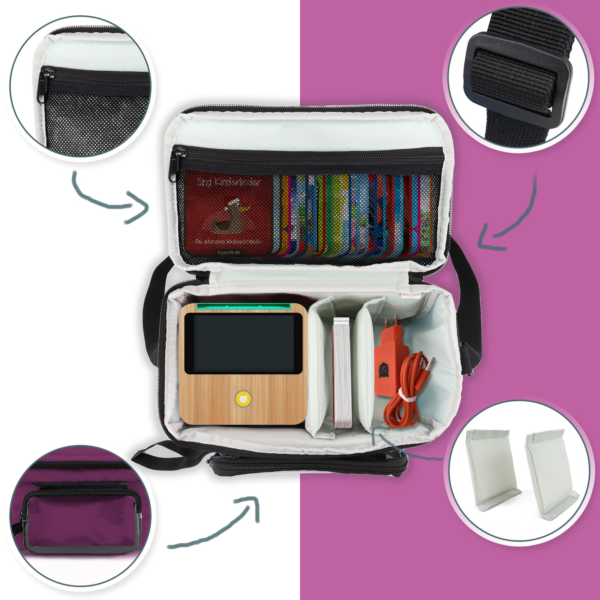 Annmore Sac pour Toniebox, Figurines et Casque, Violet | Compatible avec Toniebox 2 et 1, compartiments intérieurs réglables, sachet transparent amovible