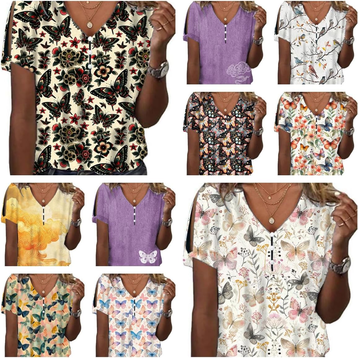 Women Casual Summer Boho Tops V Neck Loose Printed Short Sleeve Floral Blouses Cold Shoulder Peasant Tunic Shirts - Image 3