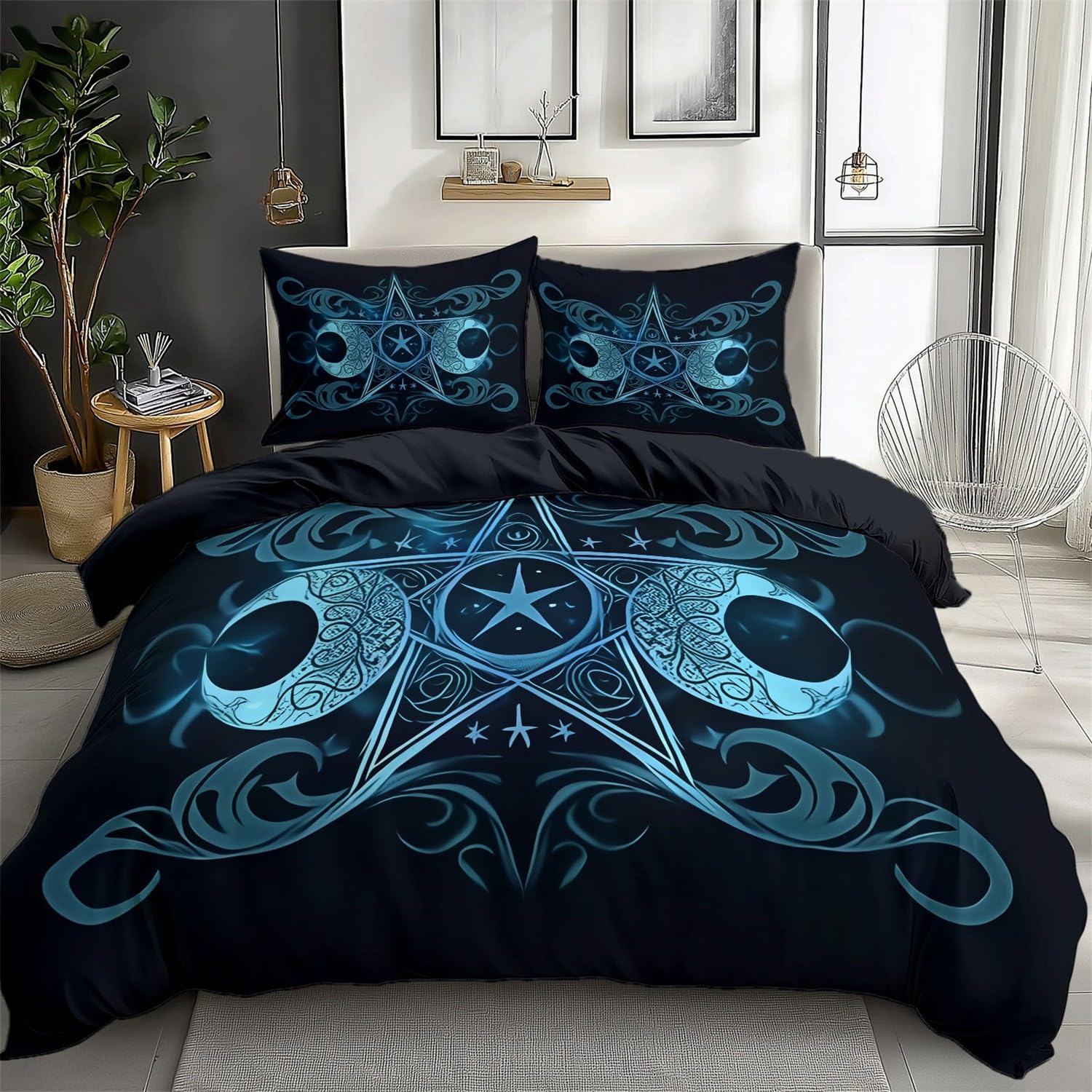 Poszwa na kołdrę 230 cm x 220 cm czarna pięcioramienna gwiazda fantasy księżyc dwustronny 3-częściowy zestaw pościeli łatwy w pielęgnacji, miękka oddychająca poszwa na kołdrę na wszystkie pory roku