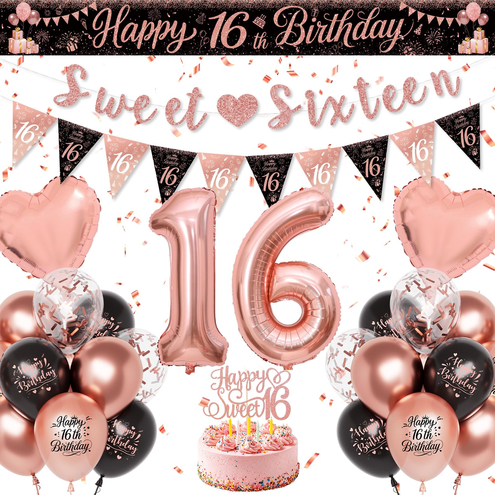 Sweet 16th Birthday Decorations, Black Rose Gold 16th Birthday Balloons