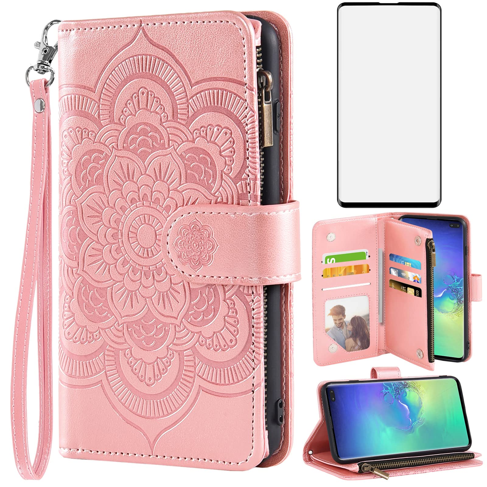 Asuwish Compatible with Samsung Galaxy S10 Plus Wallet Case and Tempered Glass Screen Protector Flip Card Holder Cell Phone Cover for Glaxay S10+