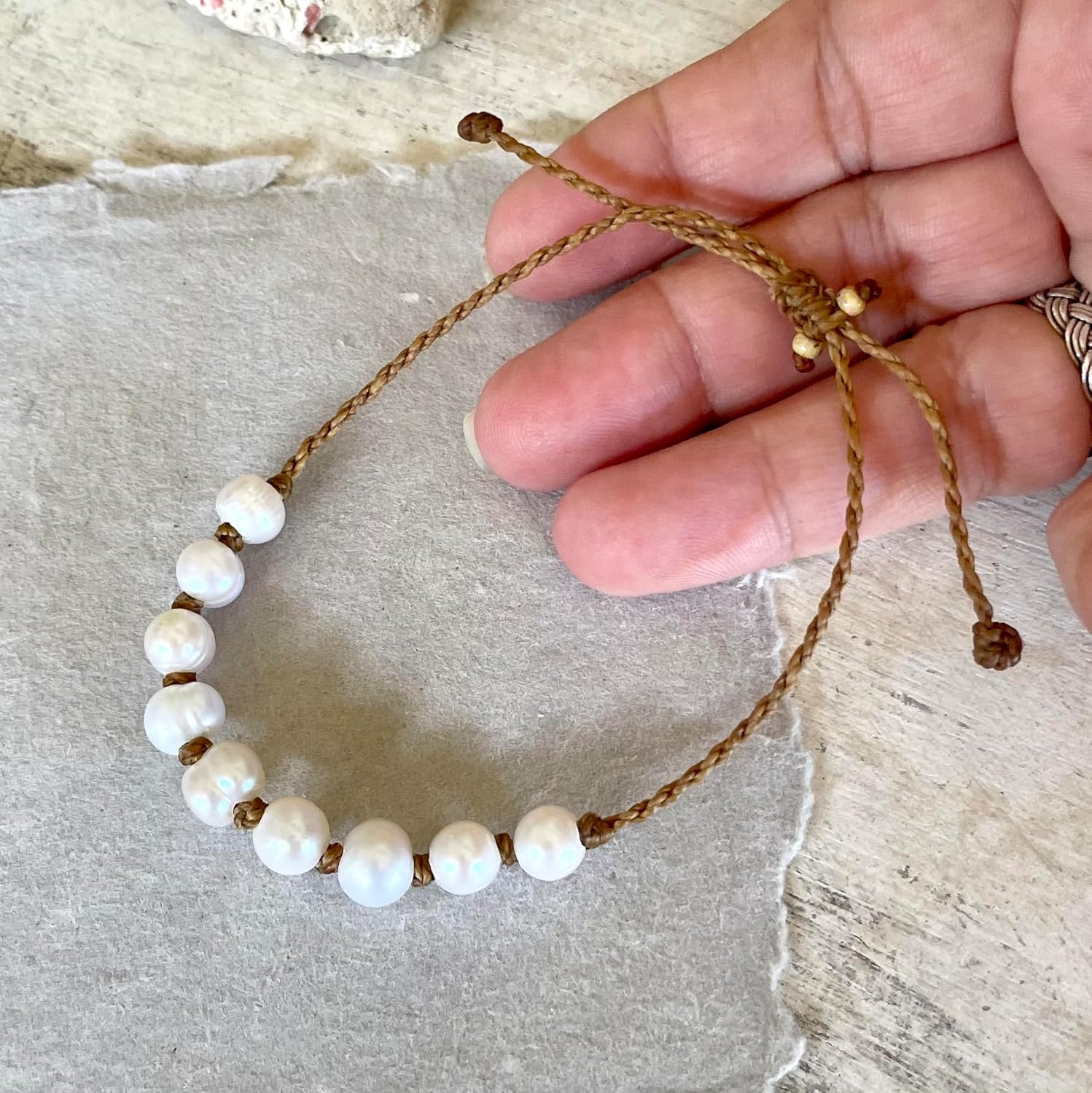 Natural Freshwater Pearl Bracelet or Anklet for Women, Casual Beach and Surfer Style on Hand Spun Rope Cord, Handmade by Beach Soul