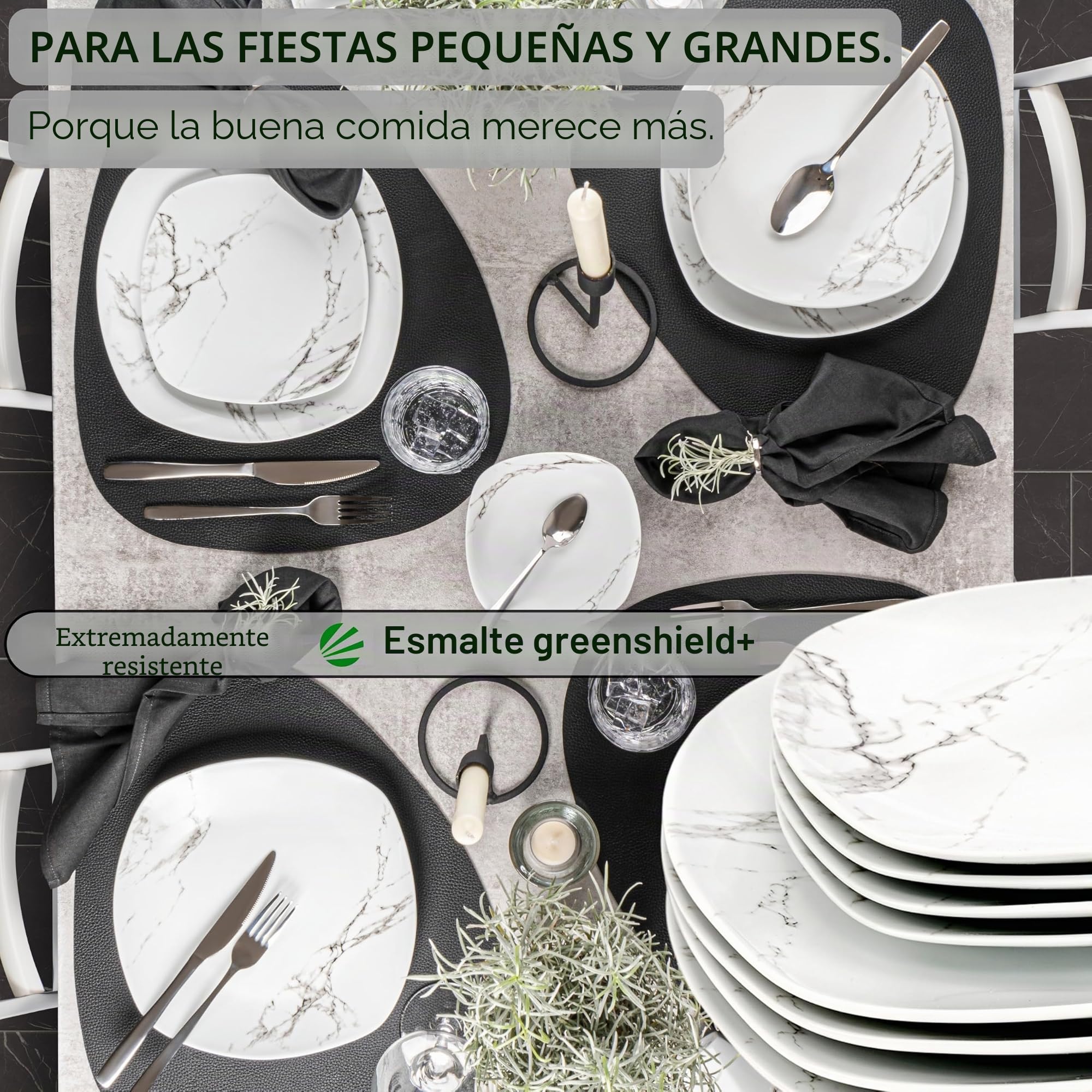 SÄNGER Vajilla Bilgola de mármol blanco, juego de 18 piezas para 6 personas con platos de sopa y postre y platos llanos de porcelana, juego de platos, vajilla rectangular, colección premium