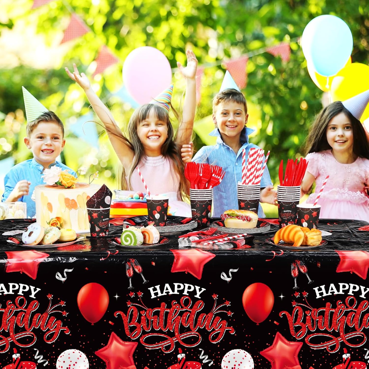 Norme 176 Pcs Black and Red Birthday Tableware Set Birthday Decoration Includes Tablecloth Paper Plates Napkins Paper Cups Forks Knifes and Straws for 25 Guests Party Supplies (Vibrant)