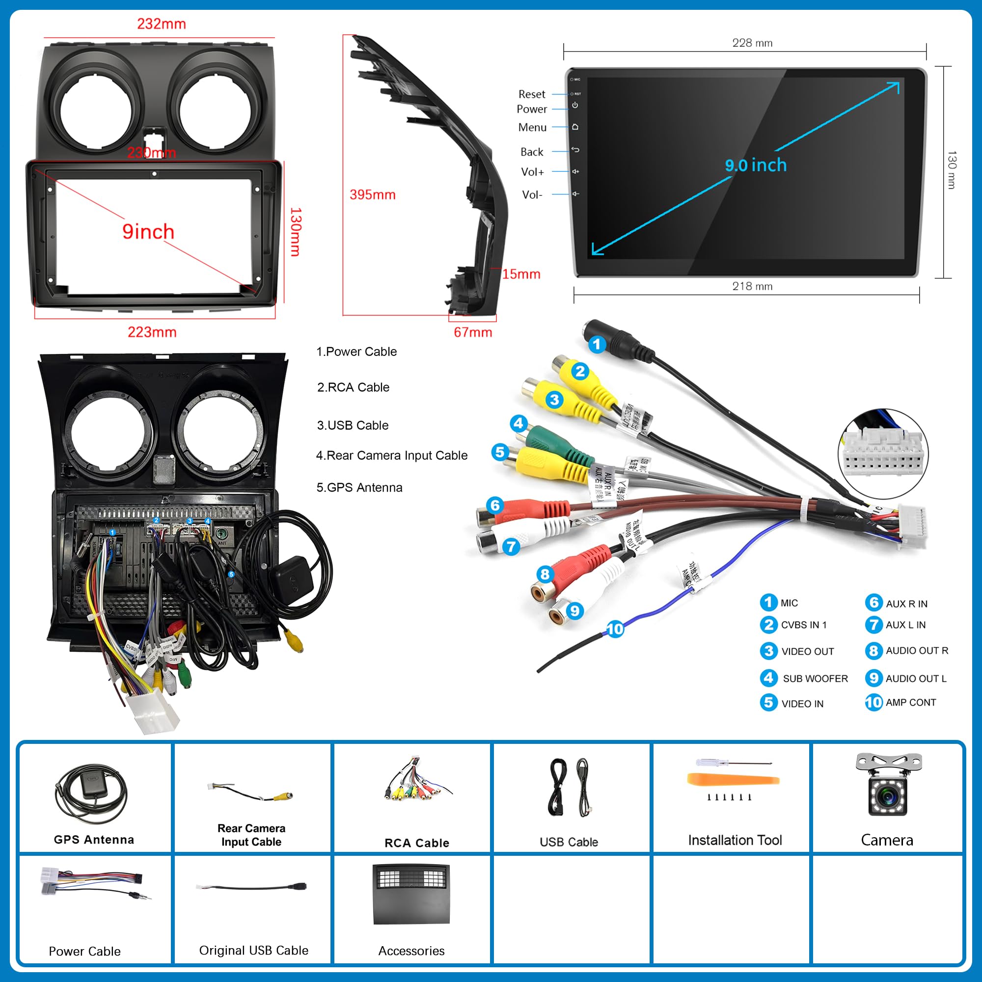 Android Radio de Coche 2 DIN para Nissan Qashqai 2006-2016 con Navi GPS WiFi 9 Pulgadas Pantalla Radio de Coche con Mirror Link Bluetooth FM/RDS/Dab+/DVR/OBD2/USB Control del Volante Cámara Trasera