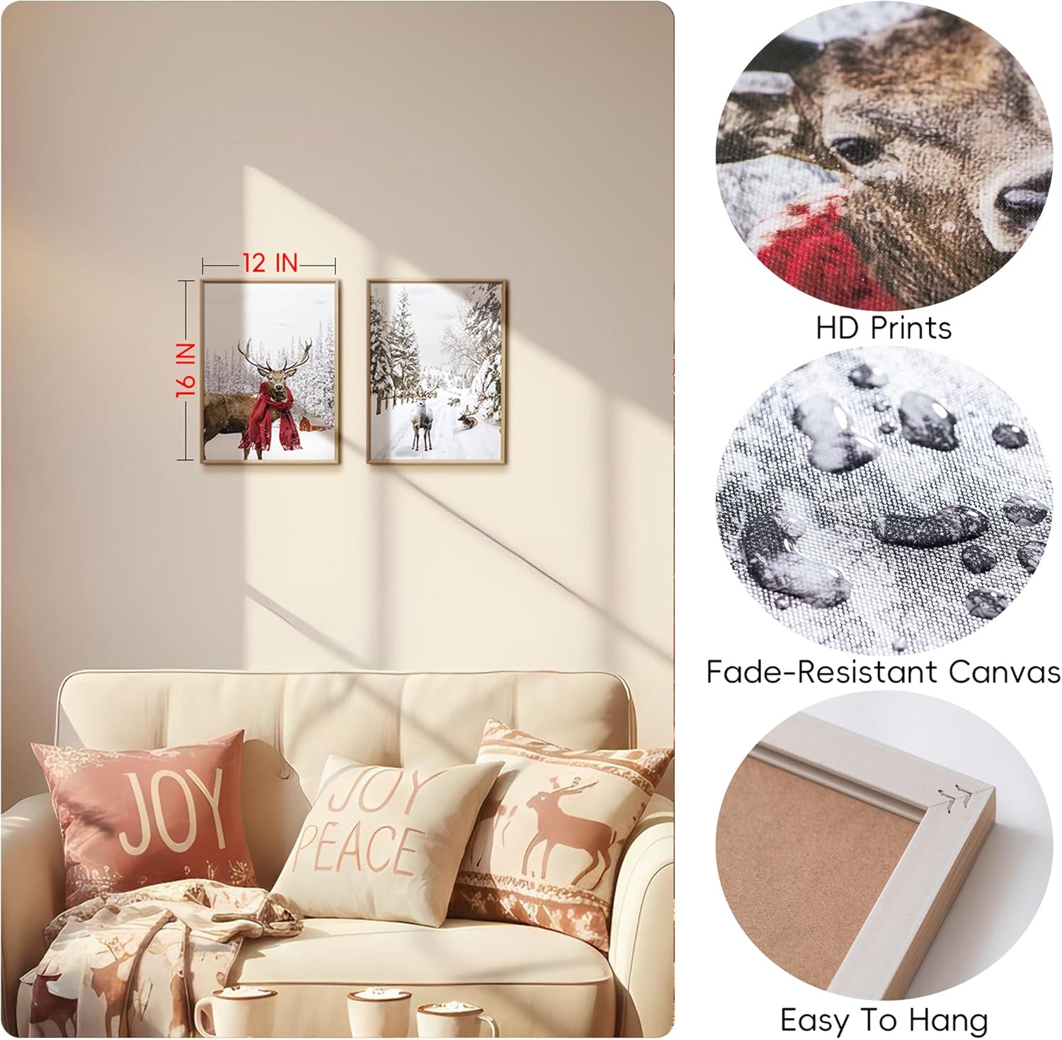 ArtbyHannah Framed Christmas Canvas Wall Art Decor Set of 2, Xmas Pictures Prints Paintings for Living Room Bedroom, Winter Snowy Holiday Home Indoor Decorations with Reindeer and Tree (12x16 Inch)