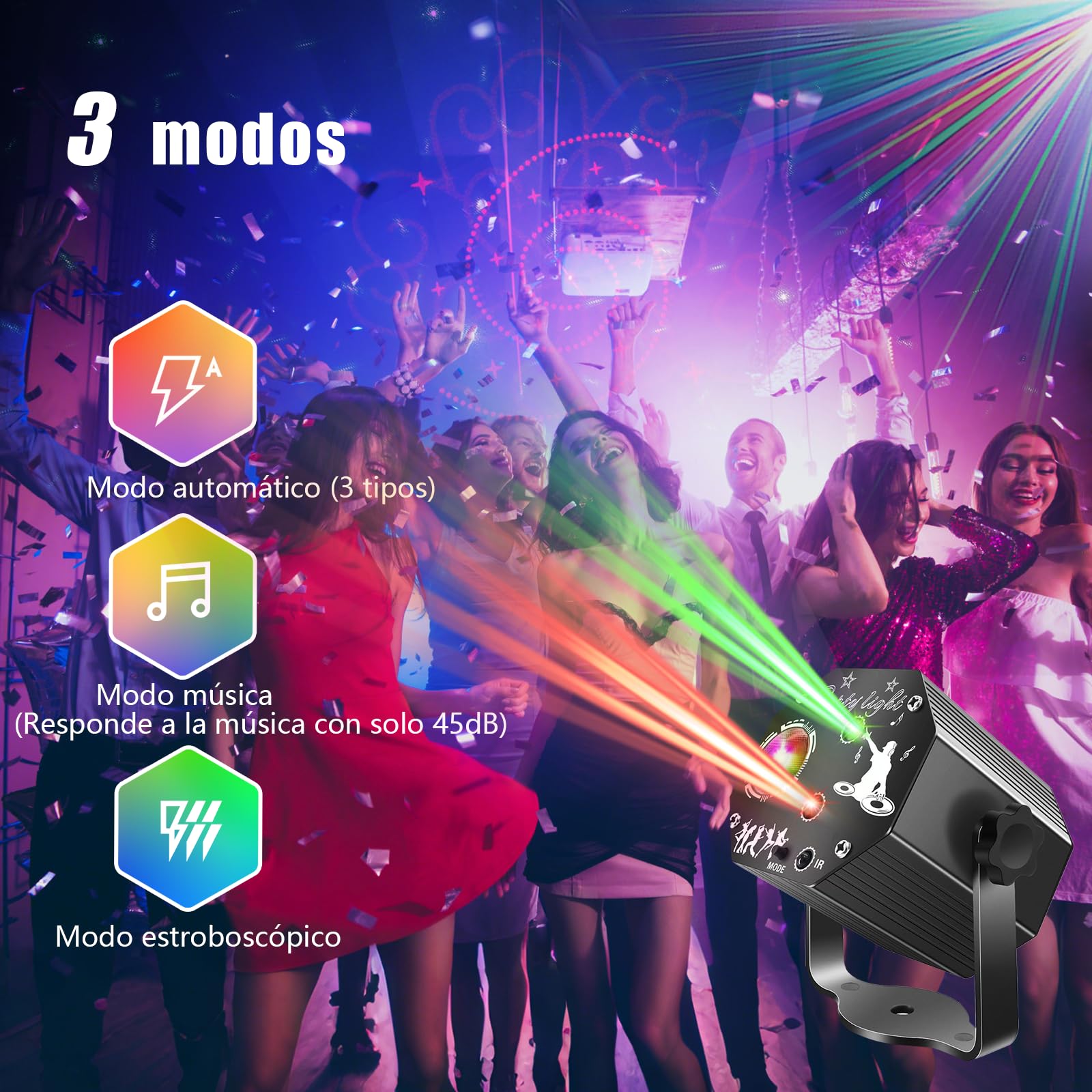 Tomshine 3-en-1 Mini Luz de Fiesta, 72 Patrones, Luz Disco RGB con Control Remoto y Control de Sonido, Estroboscopio RGB, Caja de Aluminio Negro, Ideal para Fiestas, Cumpleaños, Escenarios
